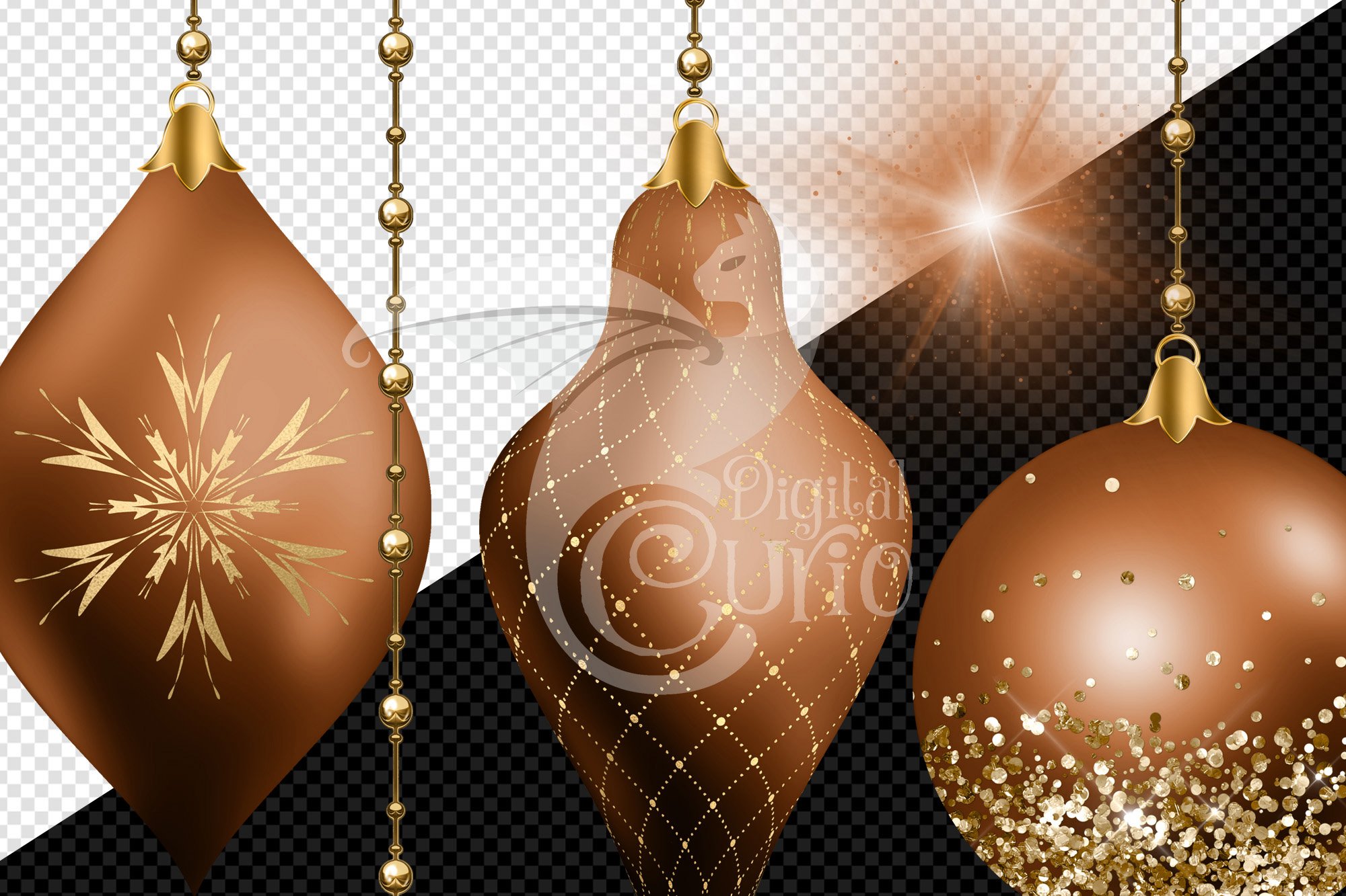 Bronze and Gold Christmas Ornaments Clipart, image size:2000x1333
