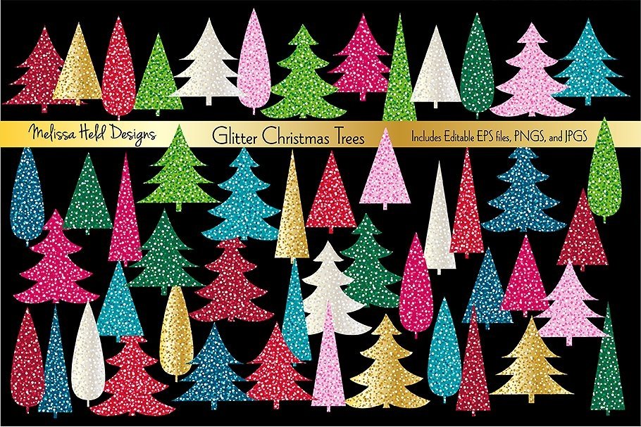Glitter Christmas Trees Clipart (160554) | Illustrations | Design Bundles