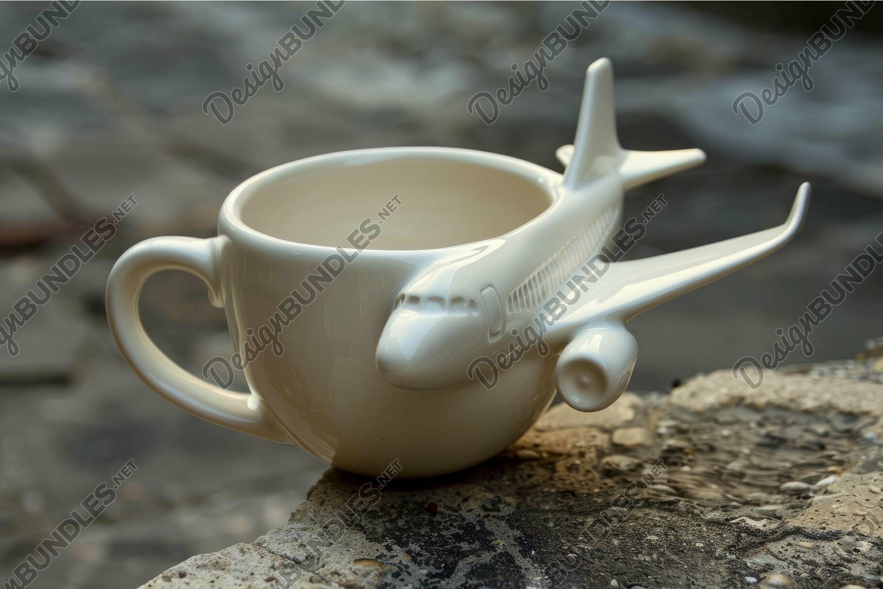 White ceramic airplane mug standing on a stone
