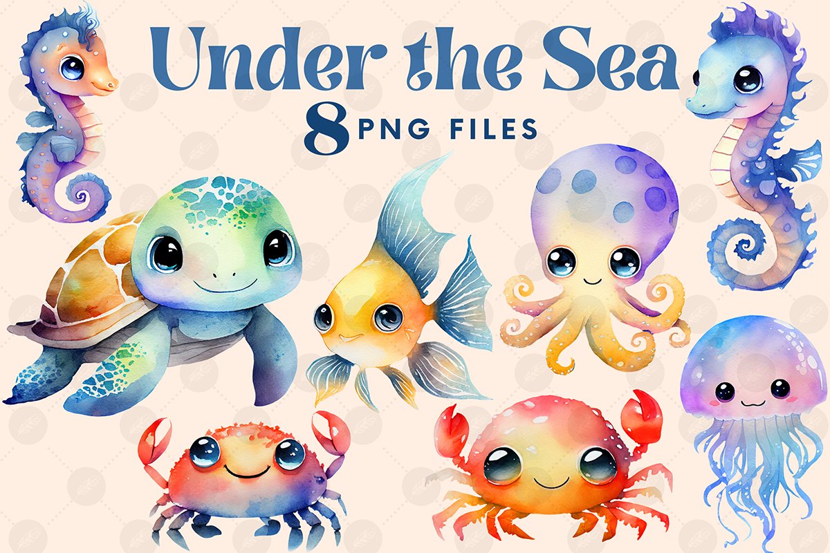 Under the Sea | Watercolor PNG Clipart Bundle Set Ocean PNG, image size:1200x800
