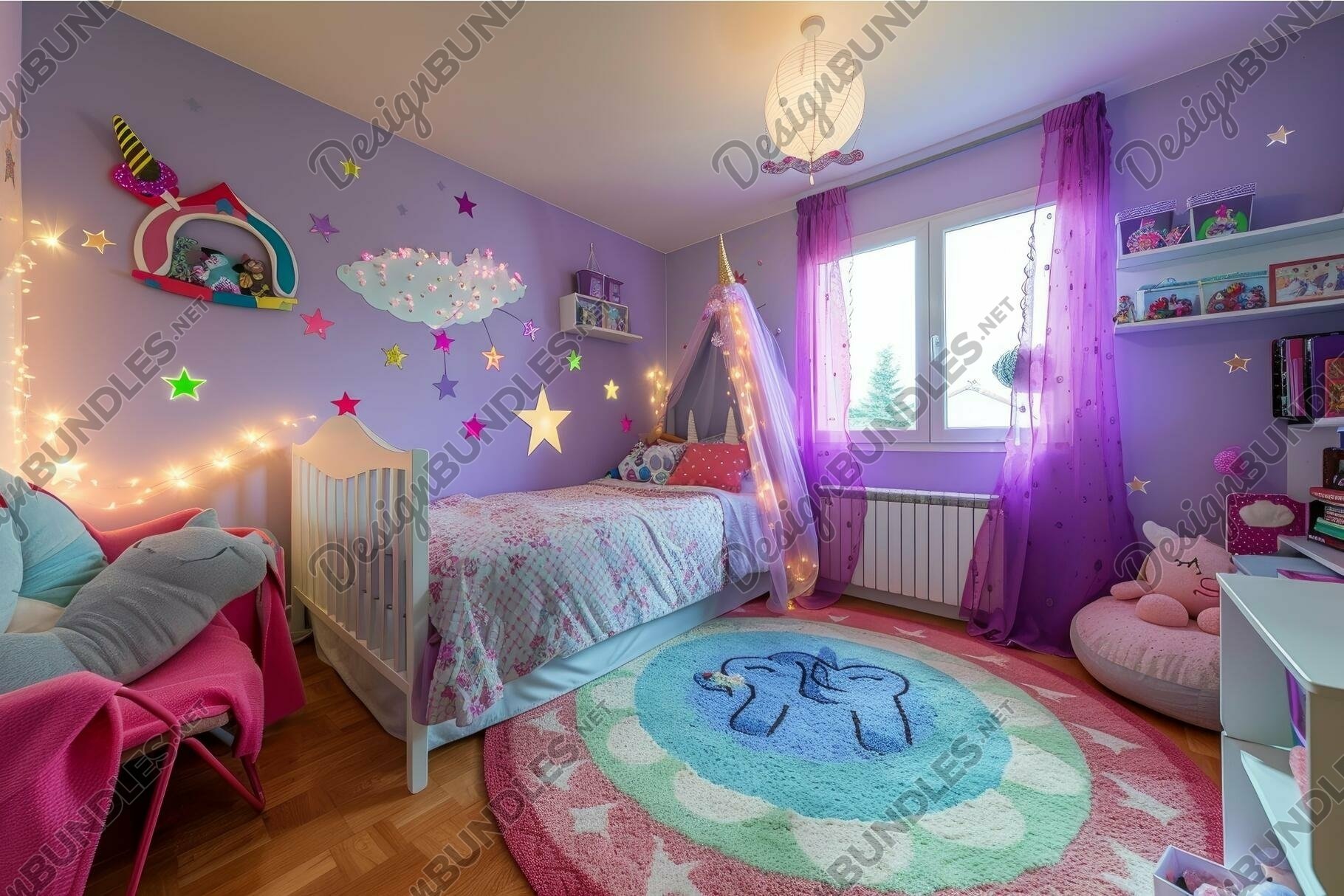 Modern girl bedroom with purple walls and unicorn decoration, image size:1820x1214