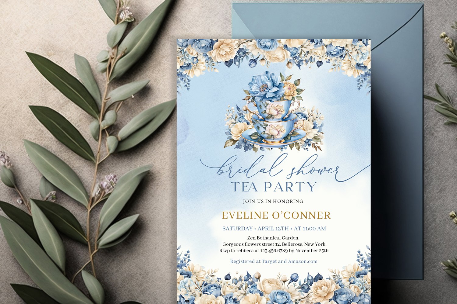 Vintage tea party blue ivory floral bridal Invitation ZD164, image size:1500x1000