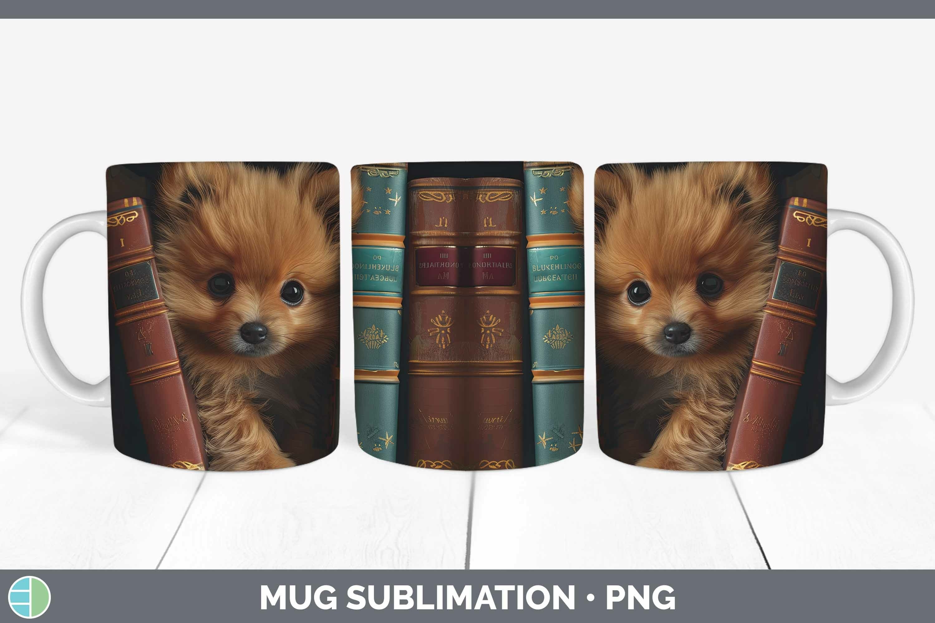 3D Books Pomeranian Dog Mug Wrap Sublimation Coffee Cup Desi