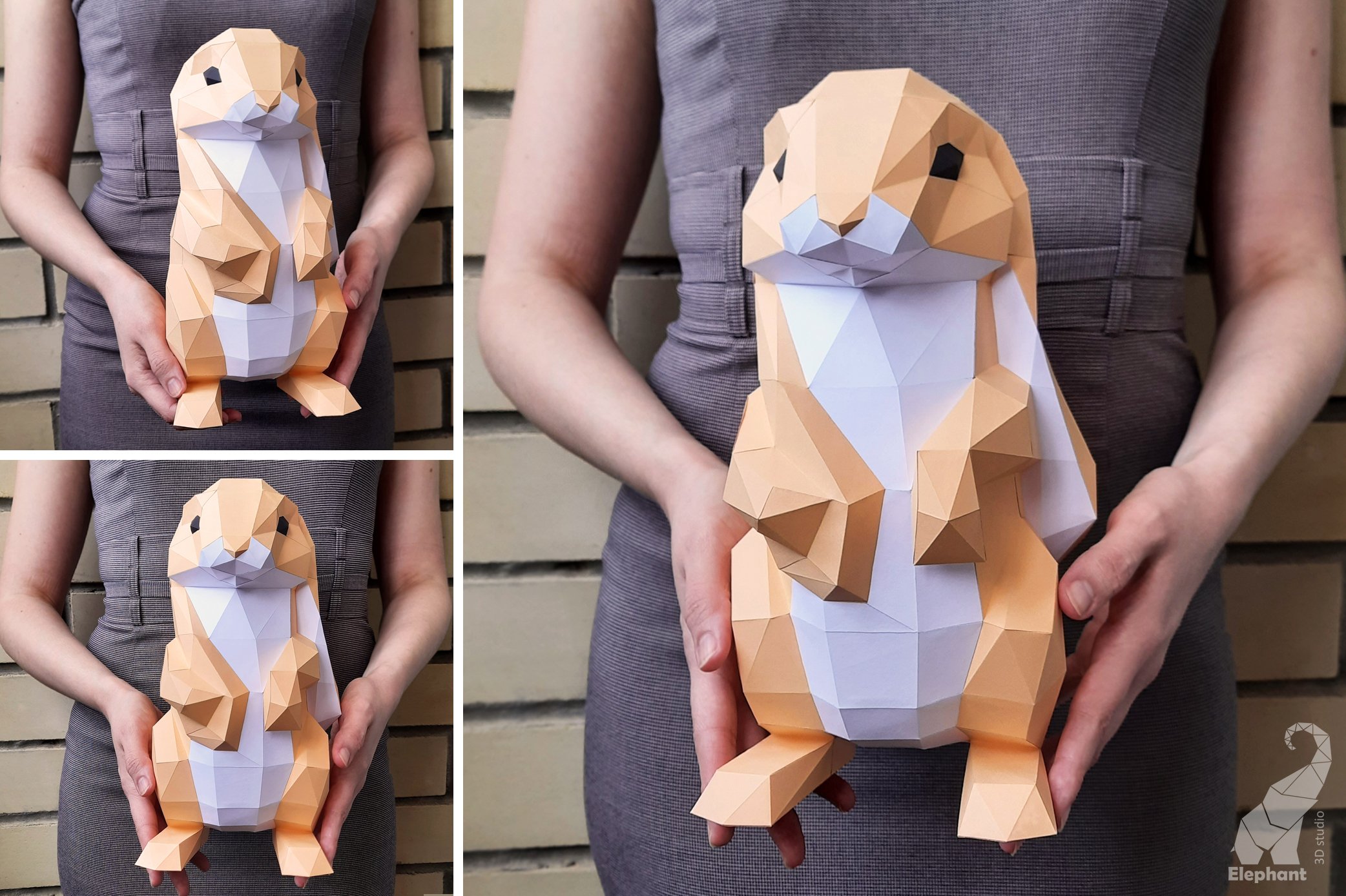 Low poly 3D paper craft rabbit template