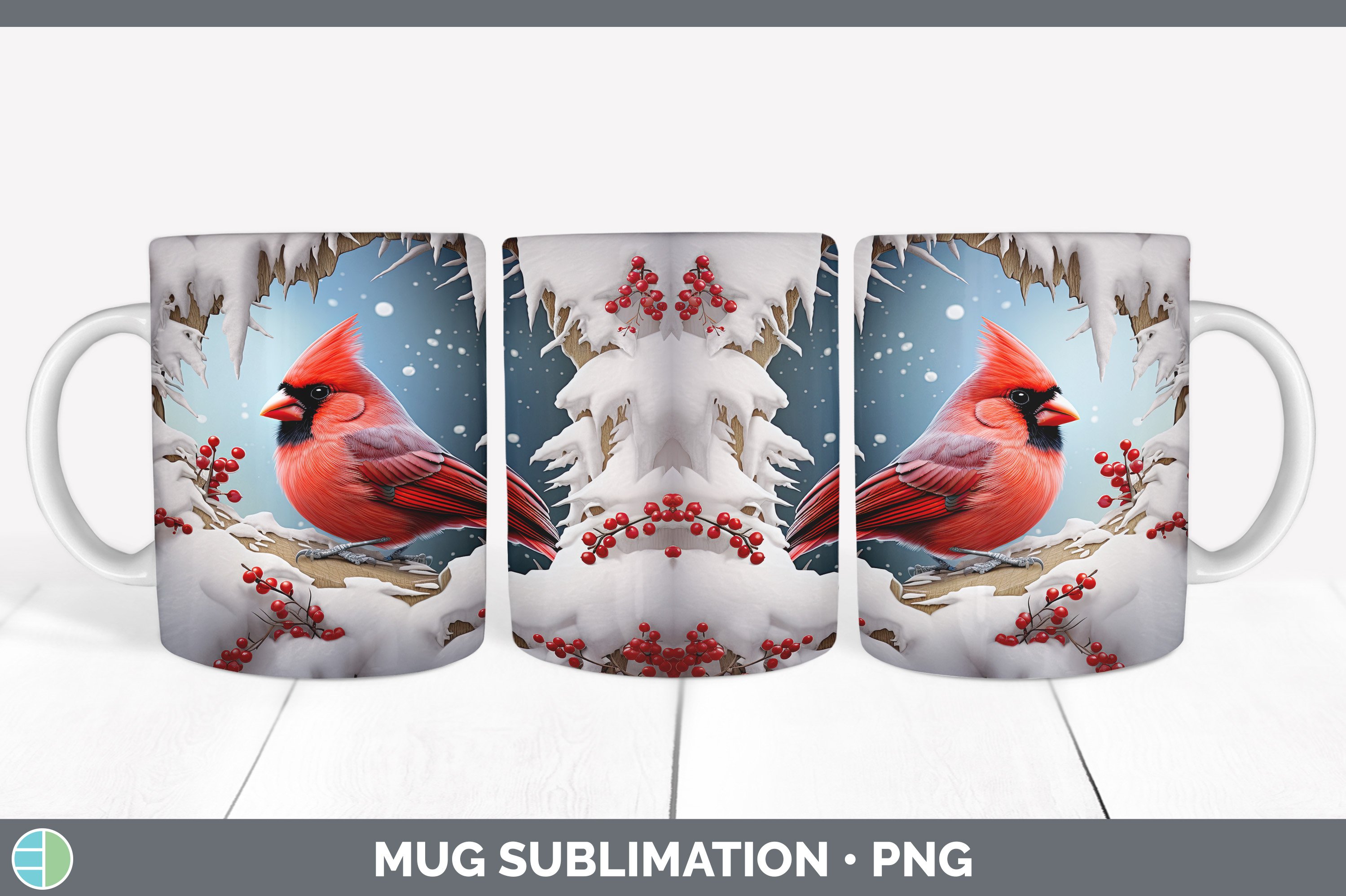 3D Winter Cardinal Mug Wrap Sublimation Coffee Cup Designs