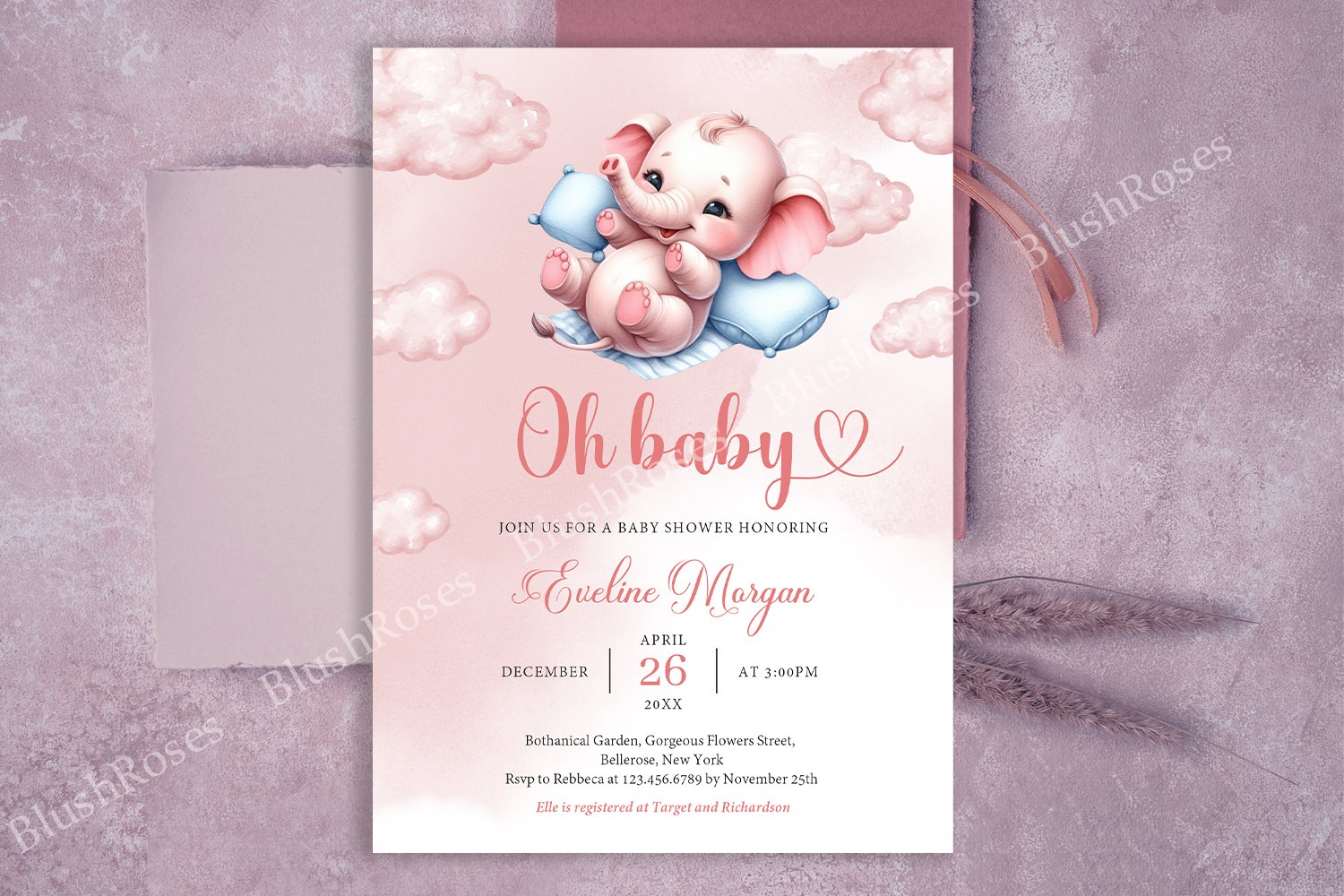 Purple Elephant Baby Little Peanut Baby Shower Invitations