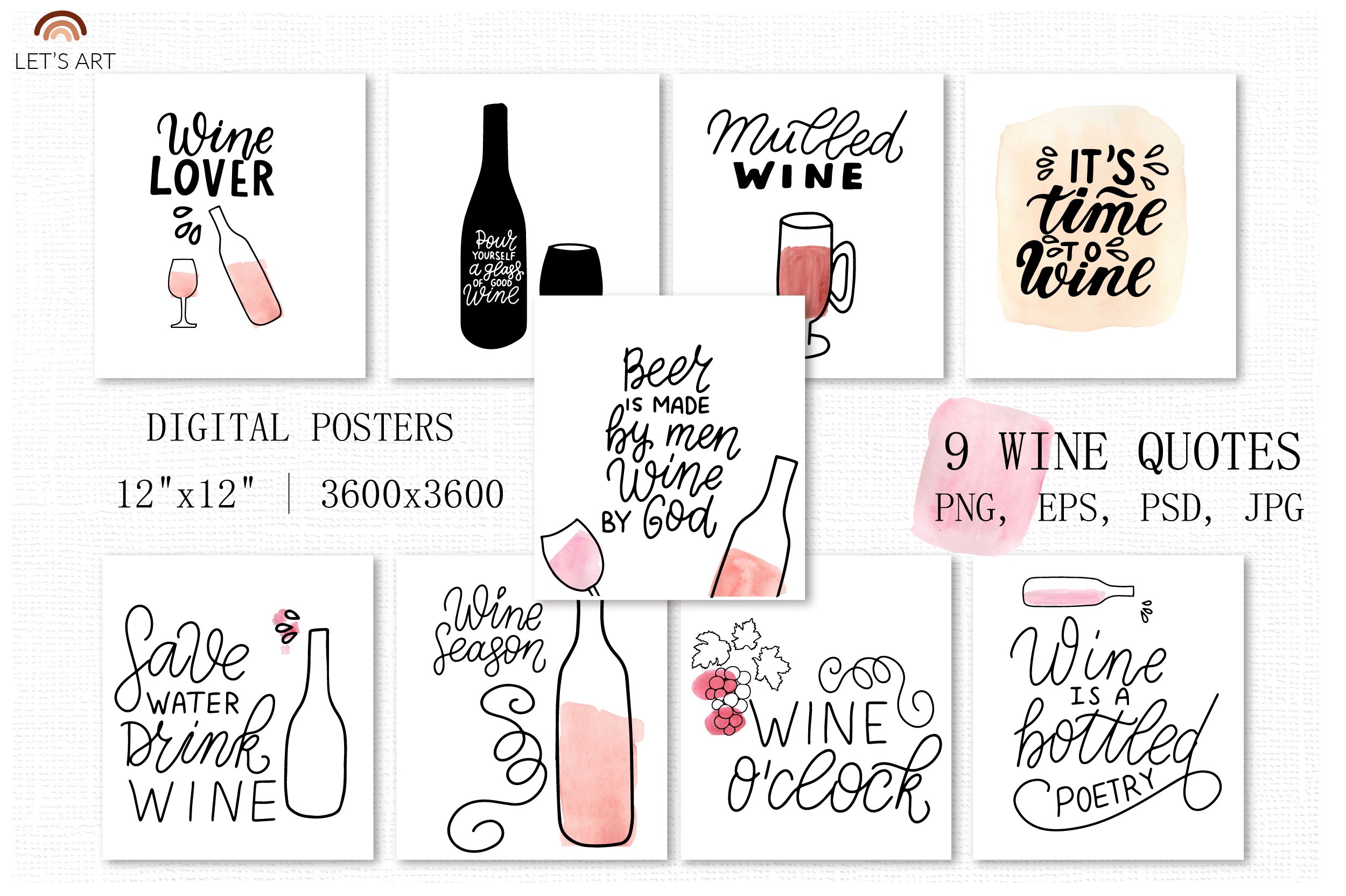 Wine lovers quotes with wine watercolor clipart set (849593