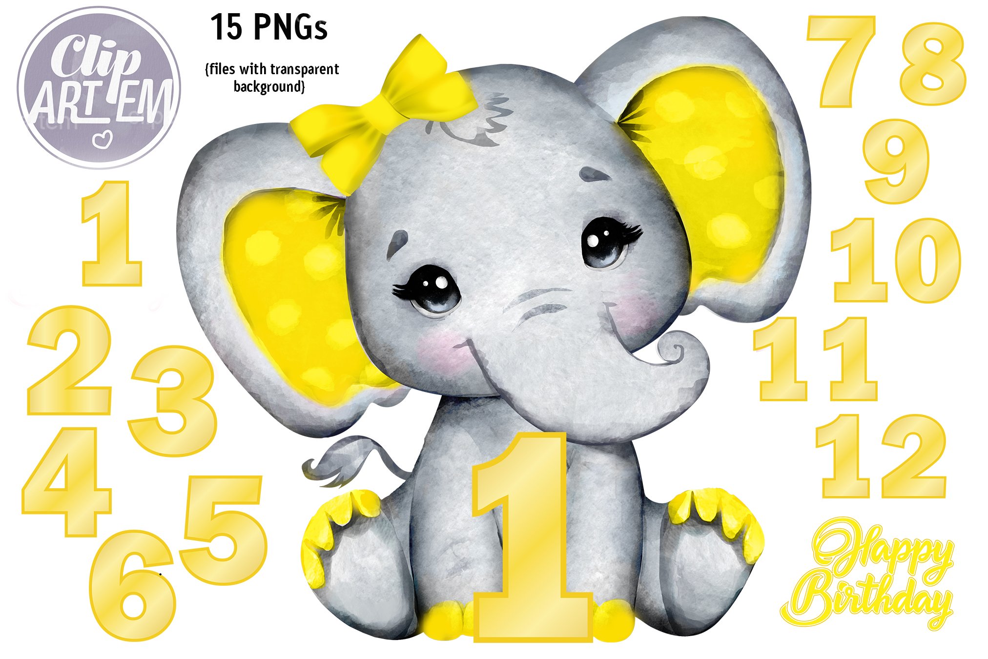 Yellow Elephant Baby 12 month Numbers 15 PNG Clip Art images, image size:2024x1350
