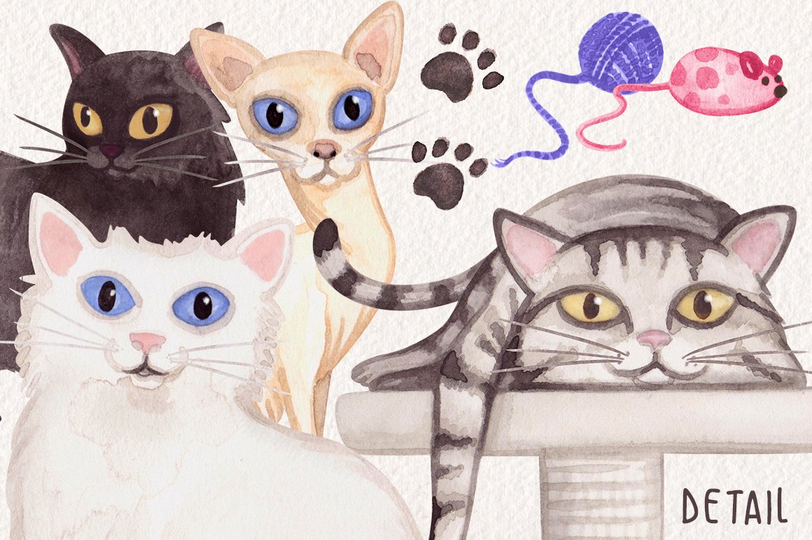 Watercolor Whimsical Cat Collection (531373) Illustrations Design