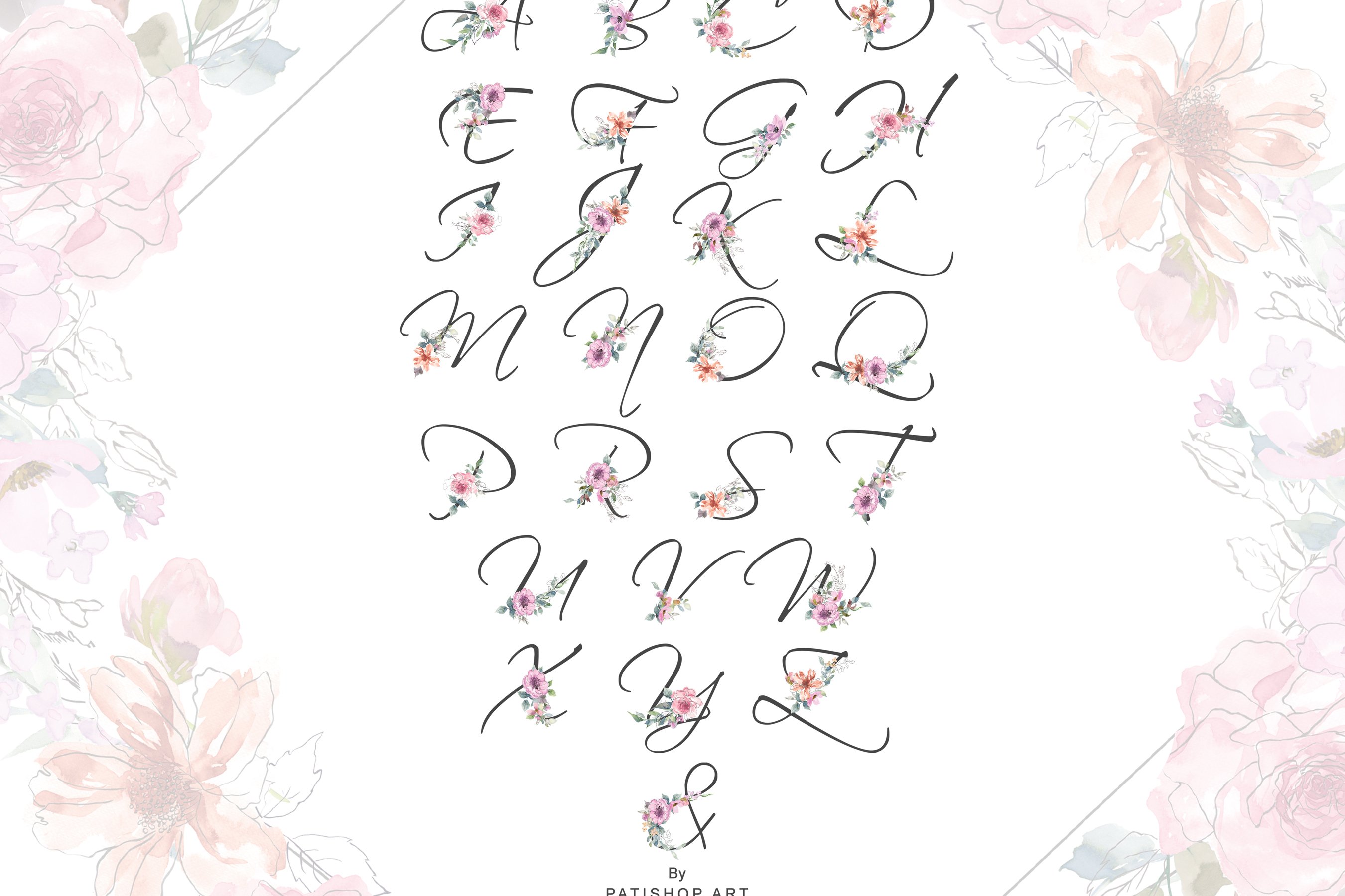 Sketch Style Pink Blush Floral Alphabet and Floral Frame (108667 ...