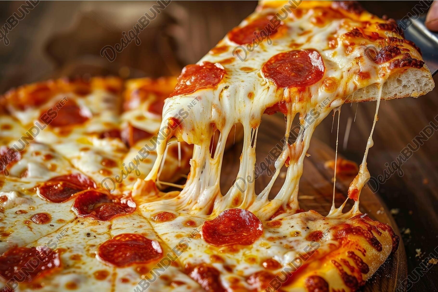 Delicious pepperoni pizza with melty cheese stretch