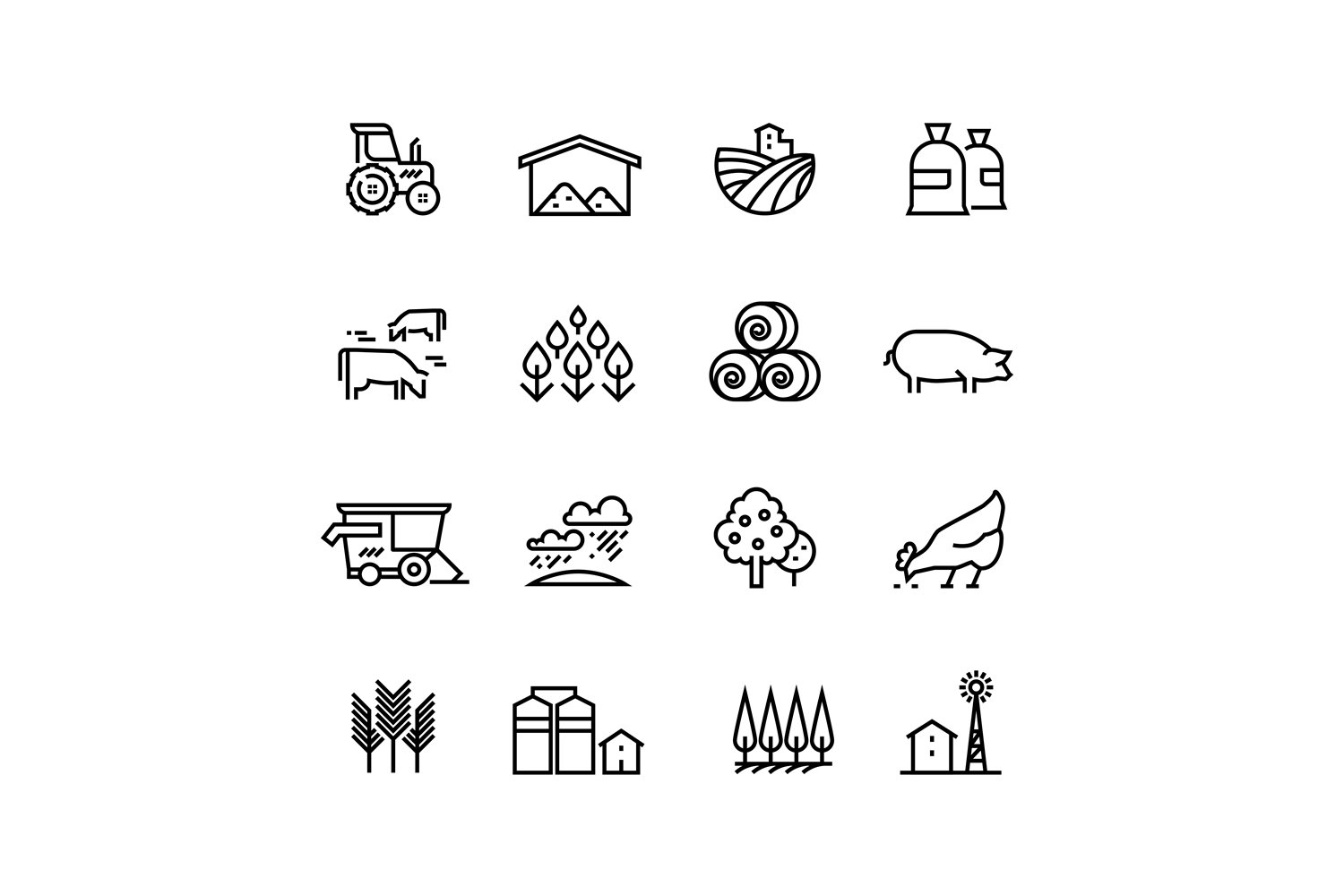Farm harvest linear vector icons. Agronomy and farming picto, image size:1500x1000