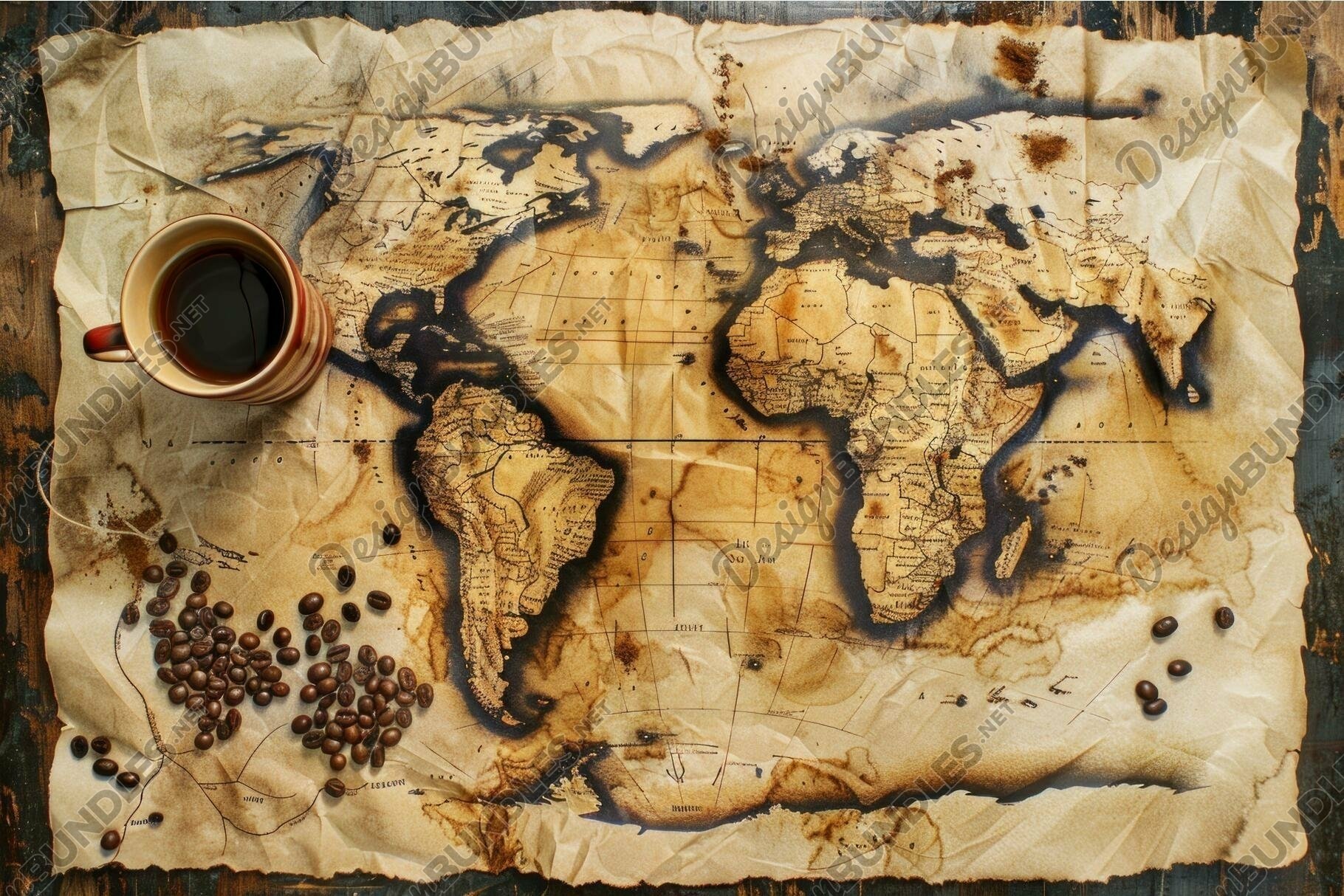 Cup of coffee sitting on ancient world map with scattered co