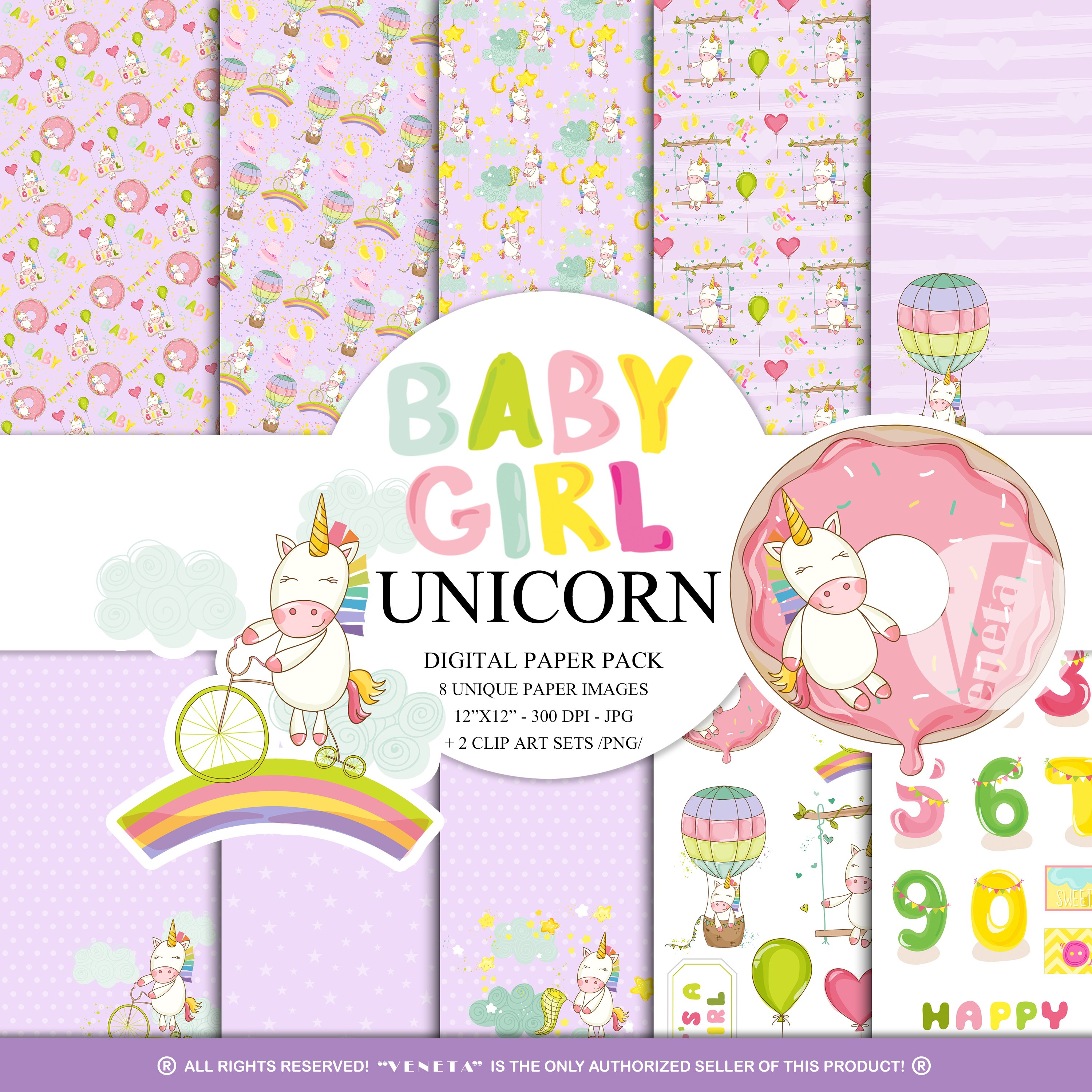 rainbow unicorn digital paper pack instant download printable hot air