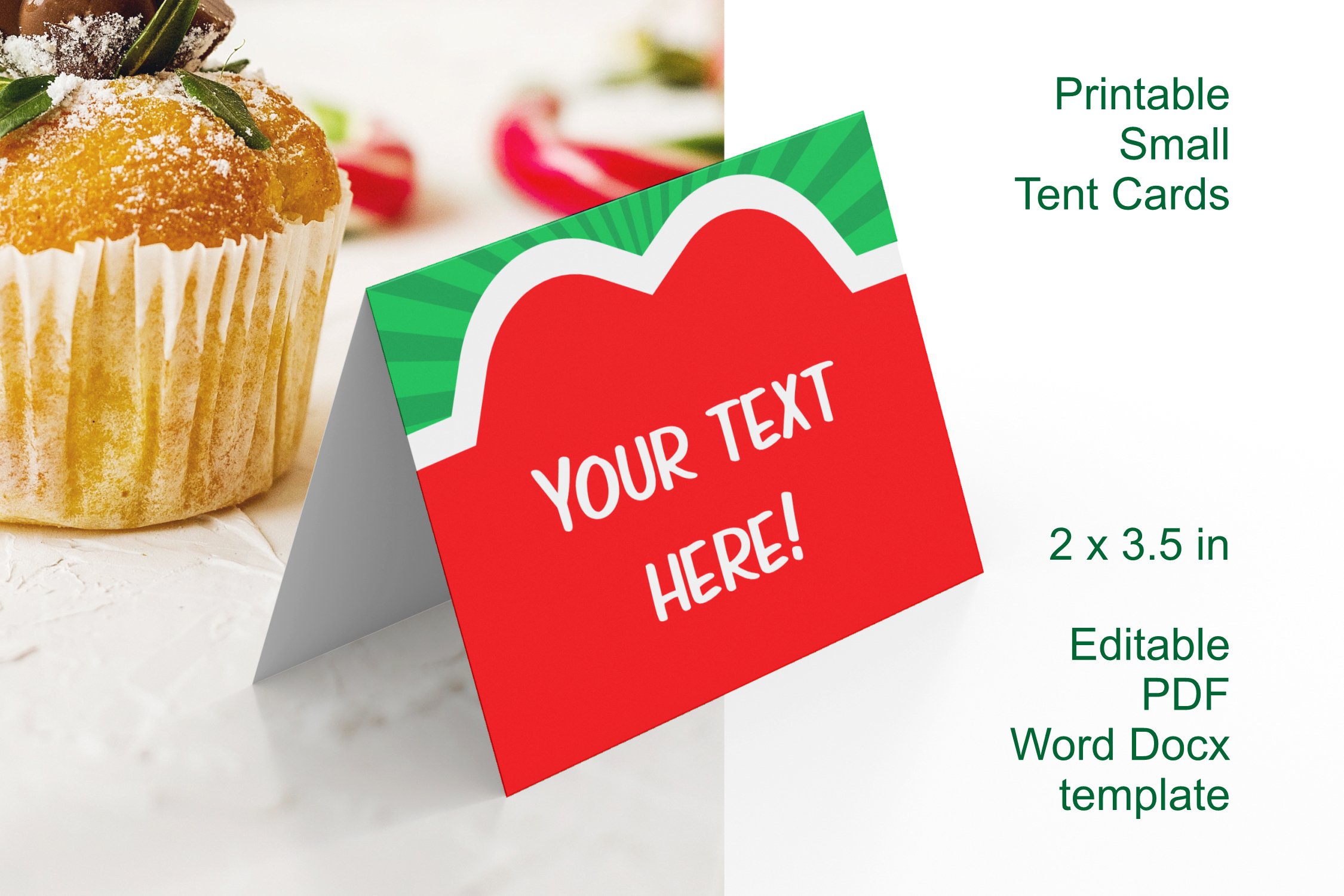 Green Christmas Small Tent Cards Editable PDF Word Docx PNG