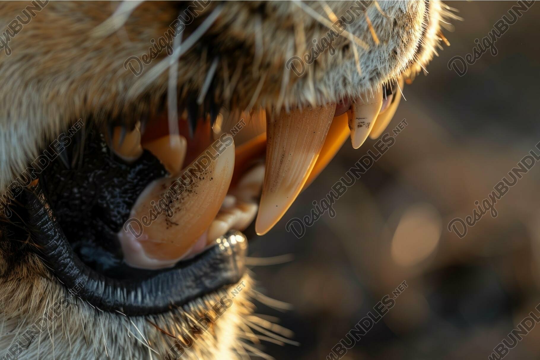 Lion showing teeth baring powerful fangs