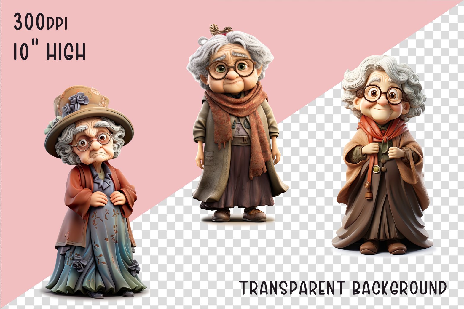 Funny Old Lady Clipart, 16 Sublimation PNG, Grumpy and cute, image size:1565x1043