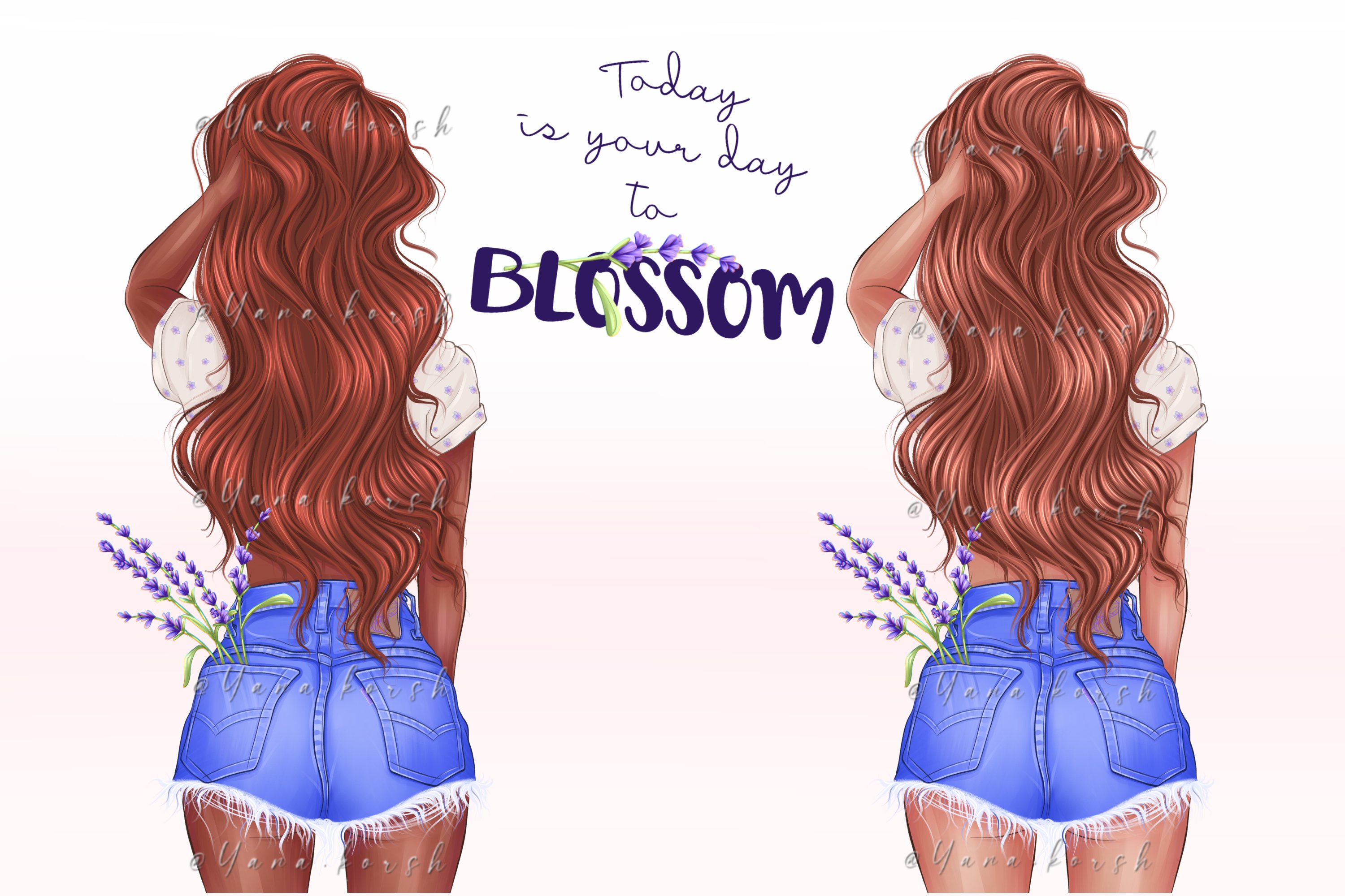 Denim girl clipart, fashion girl with flowers clipart