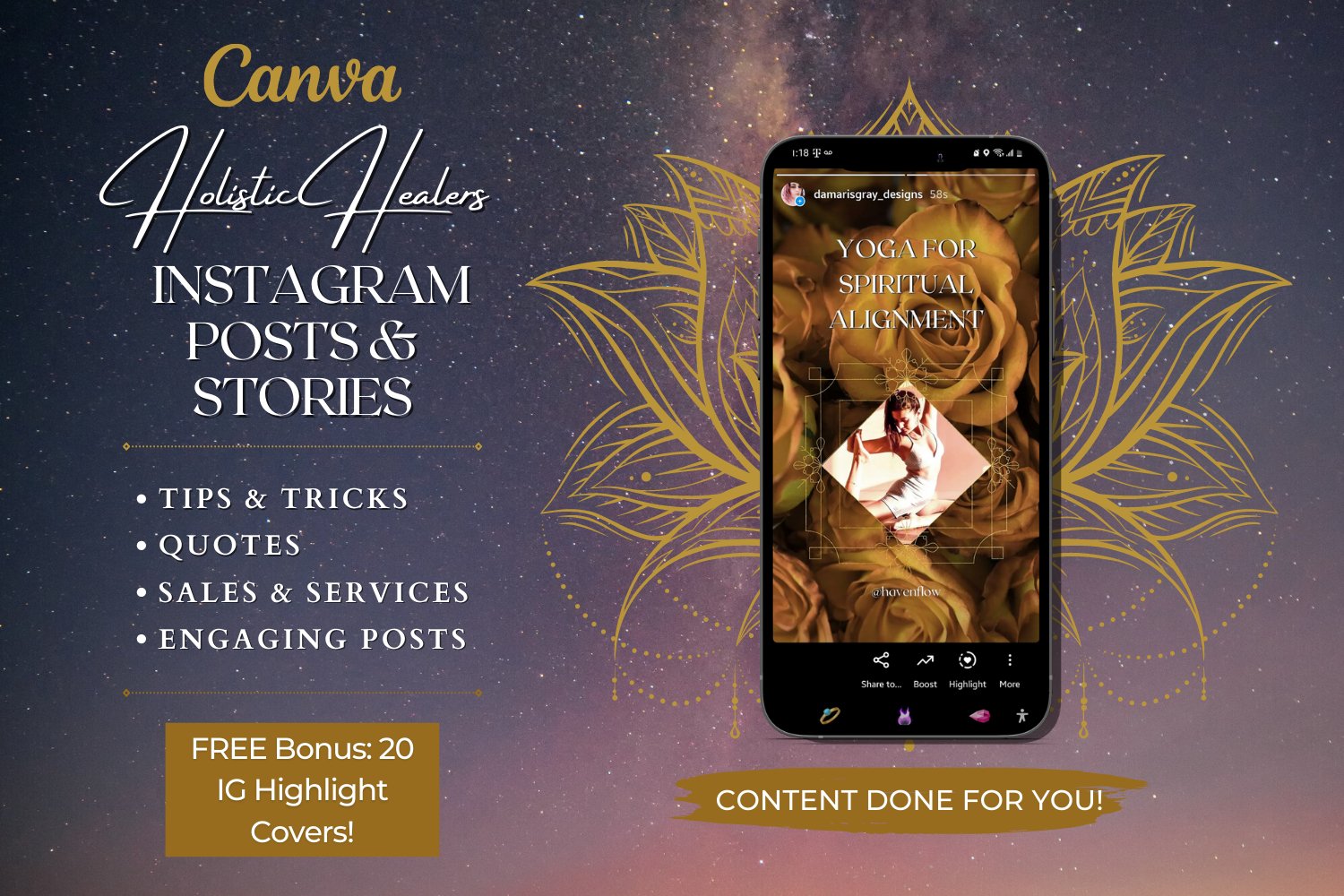 Holistic Healers Reiki & Yoga Instagram templates for Canva