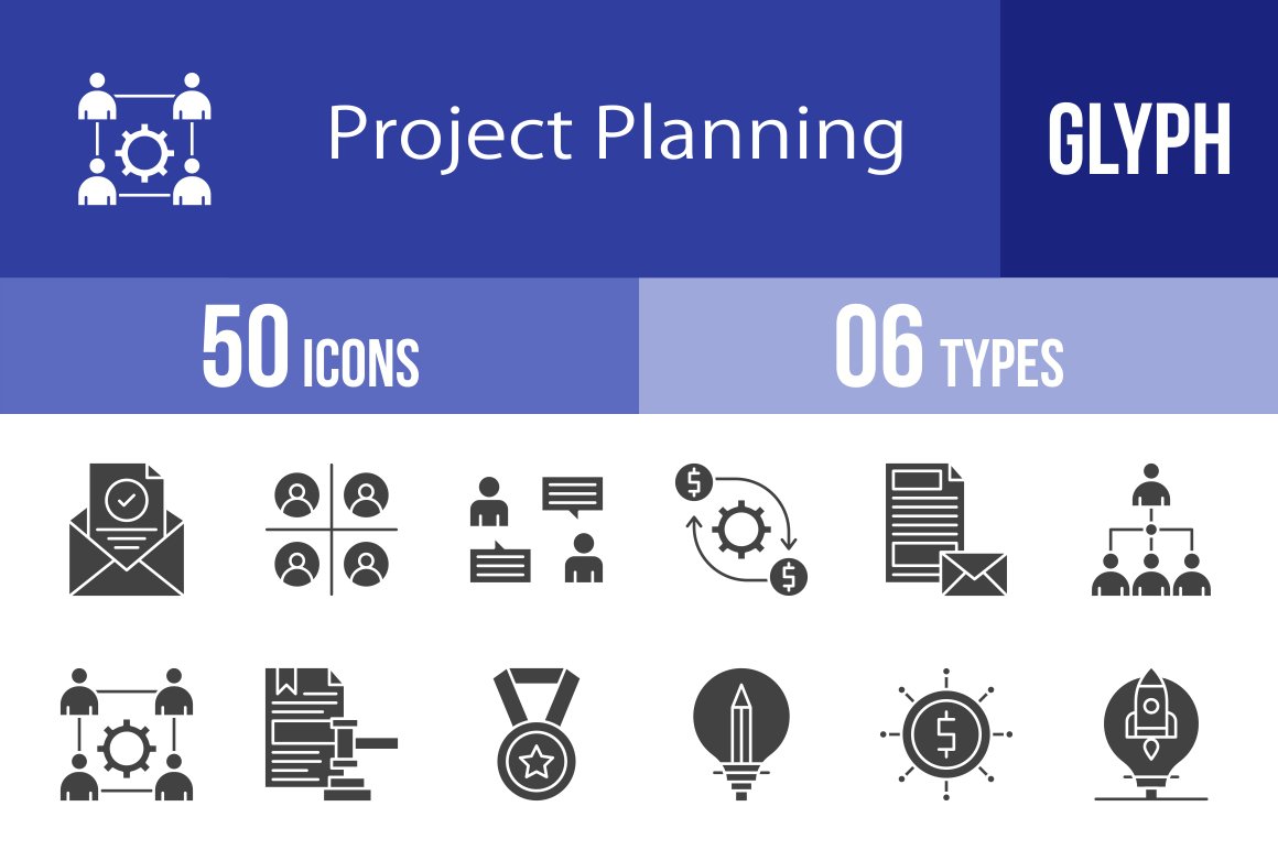50 Project Planning Glyph Icons, image size:1160x772