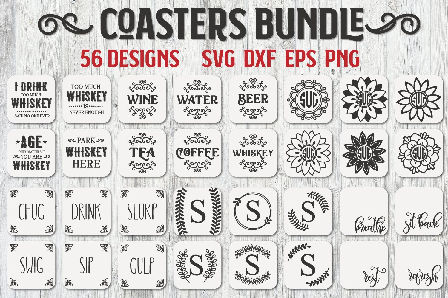 Coaster Bundle, Wine Svg, Coffee Svg, Beer Svg, Whiskey Svg (579599