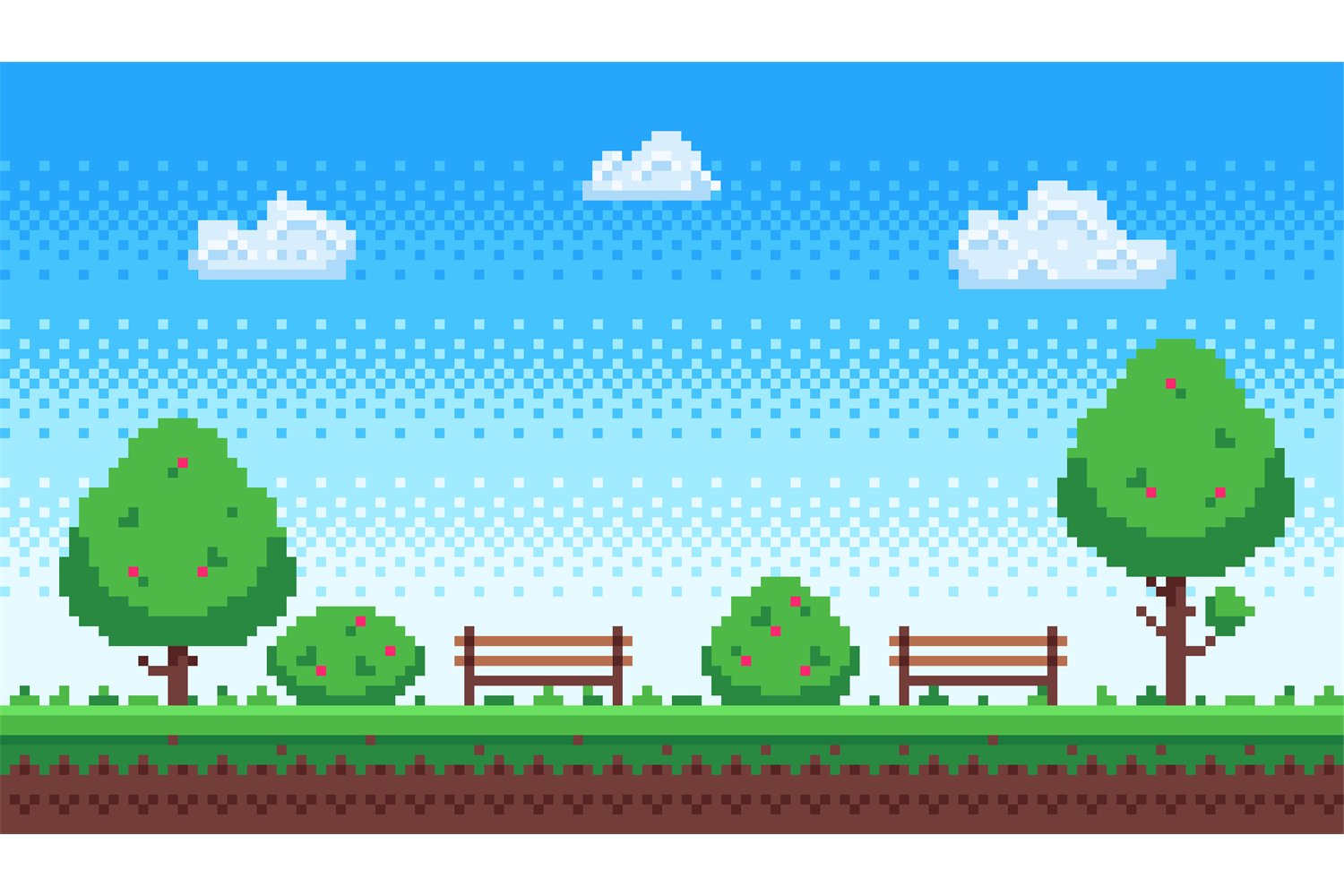 Pixel park. Retro 8 bit game blue sky, pixels trees and park