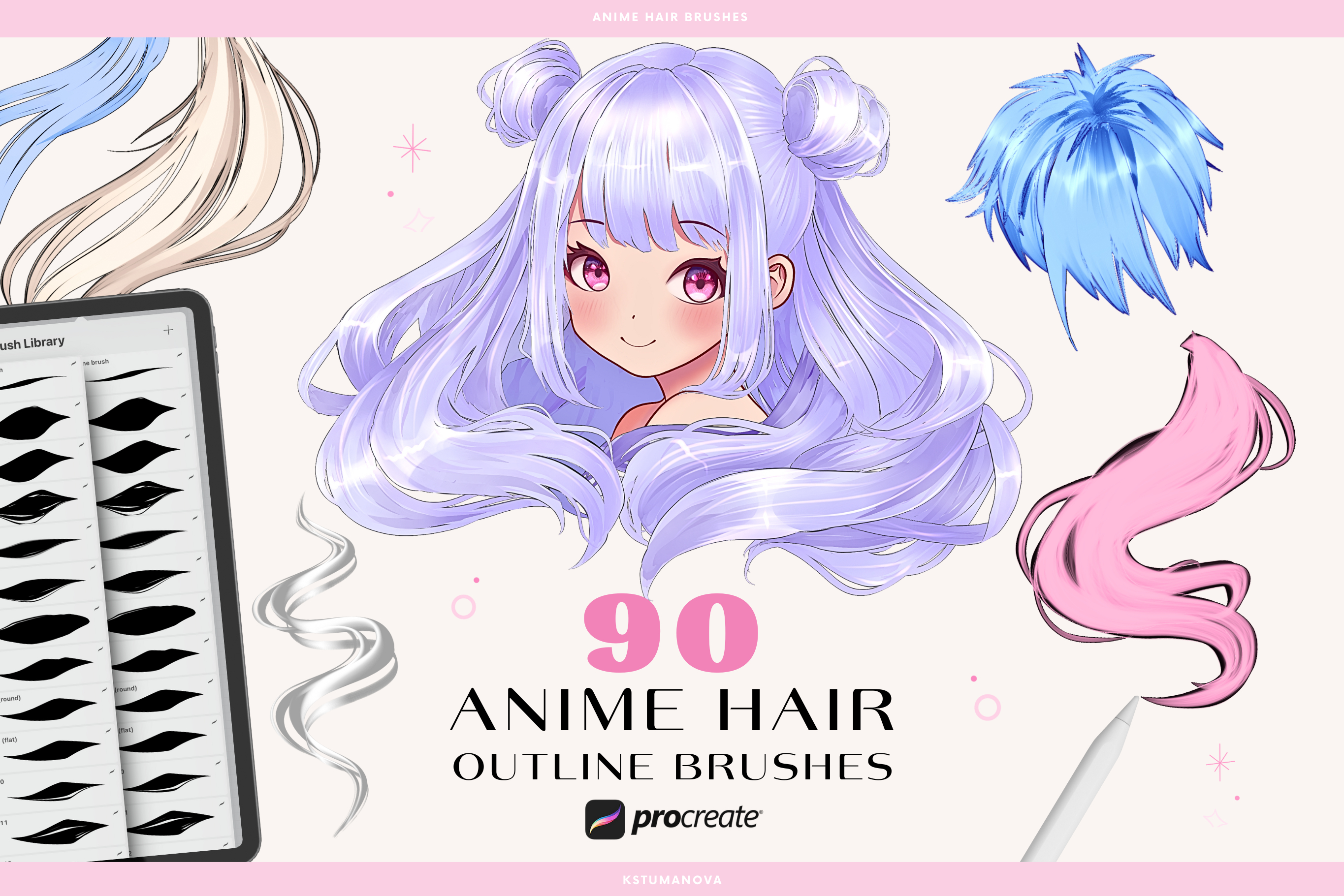 Anime hair procreate Outline brushes - Main Image