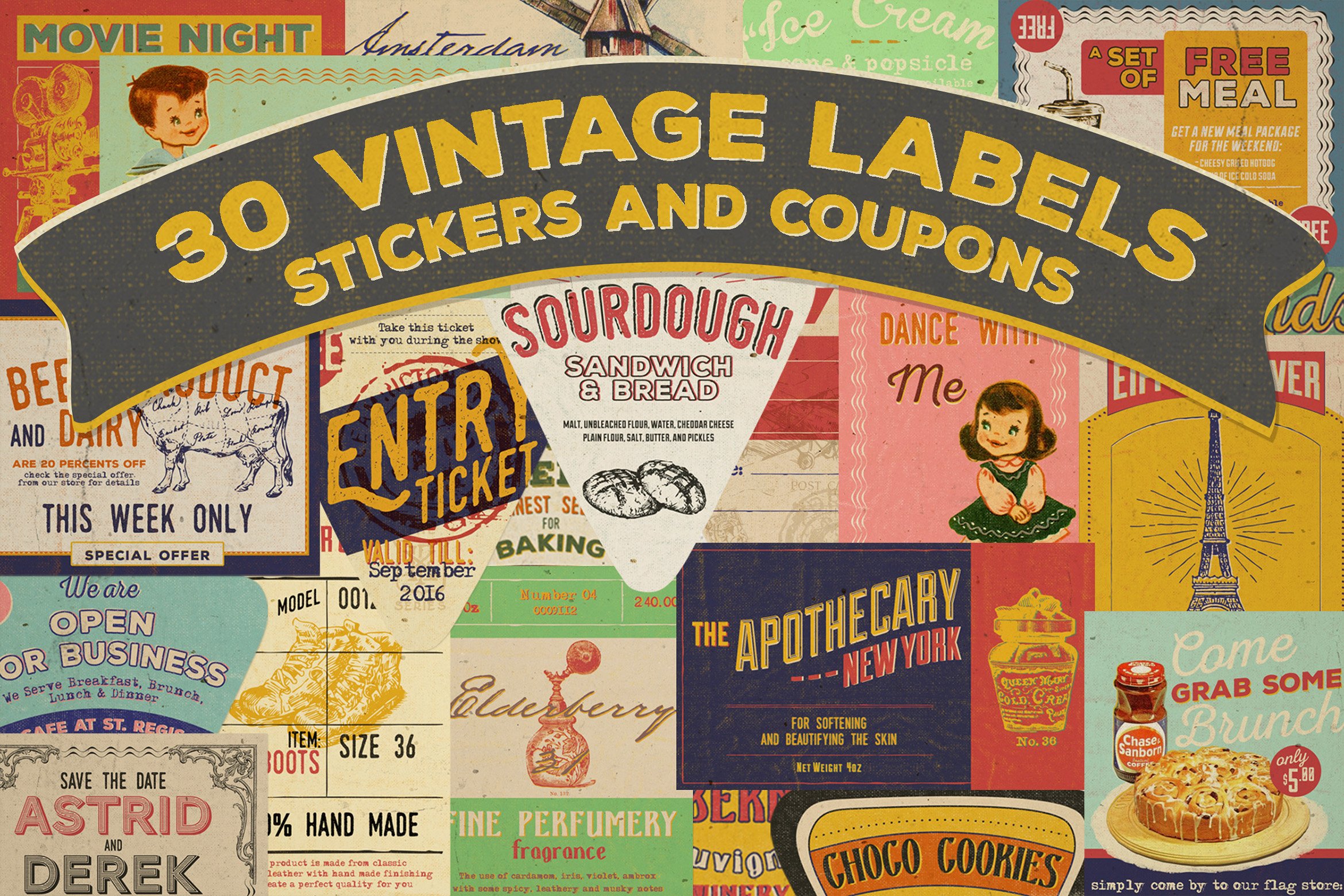 30 Vintage Label, Sticker and Coupon (47776) Logos Design Bundles