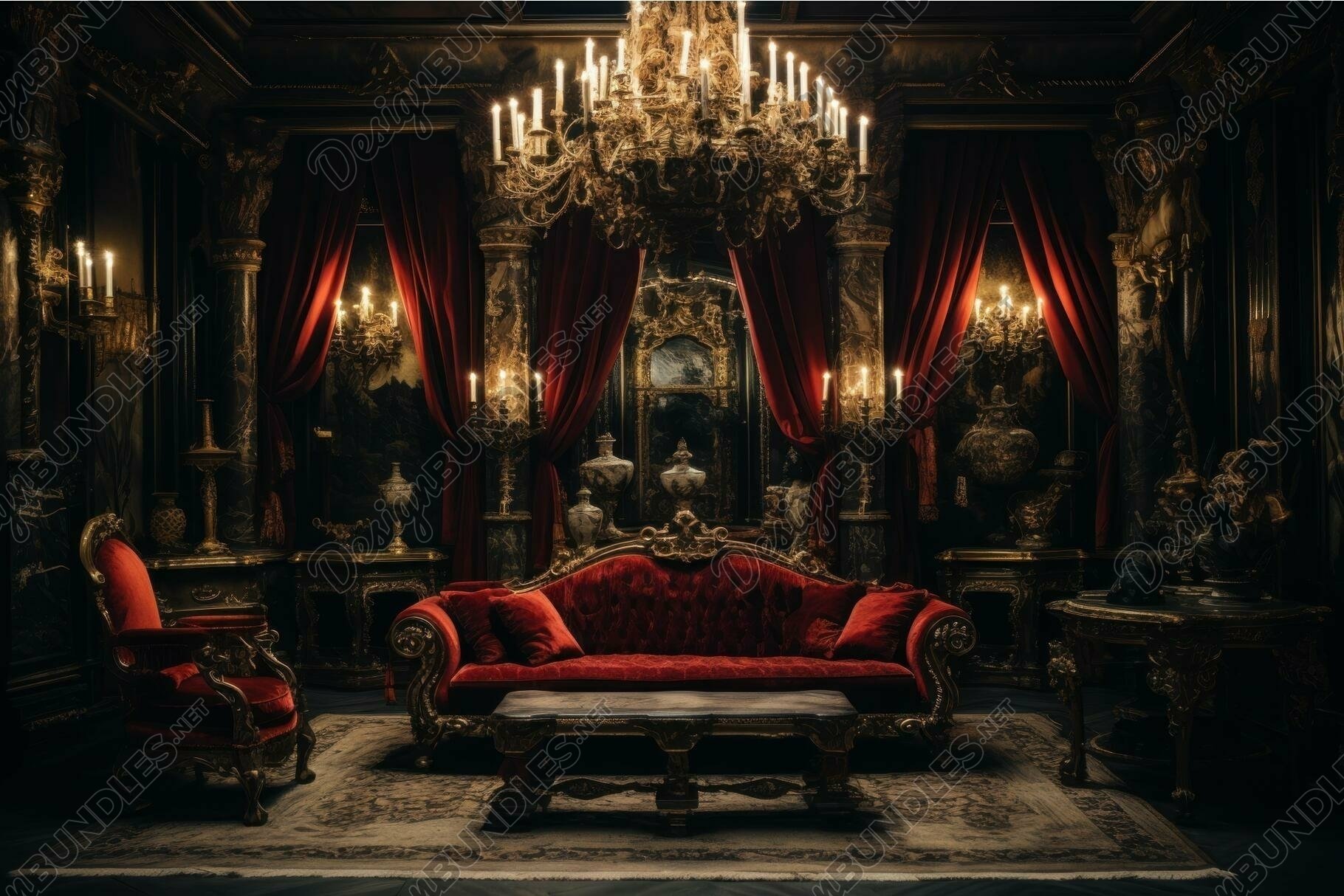 19th Victorian Red Work Layover Sham 夜 Opulent vintage victorian room with red drapery
