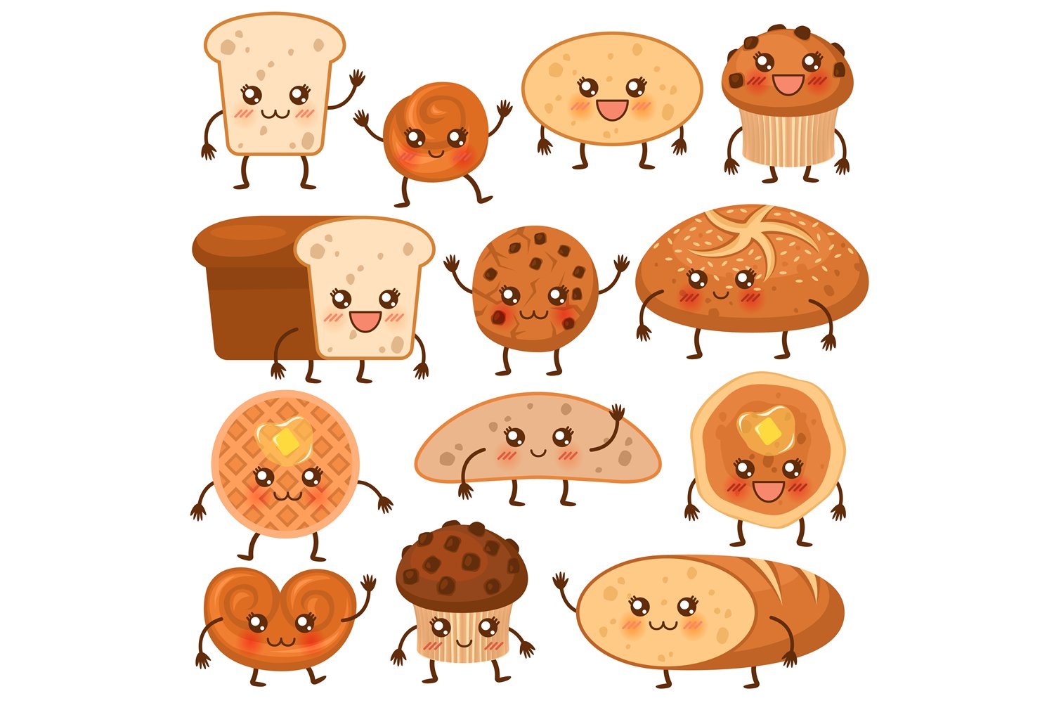 Bread characters. Funny bakery food faces icons, emoji cupca (830319