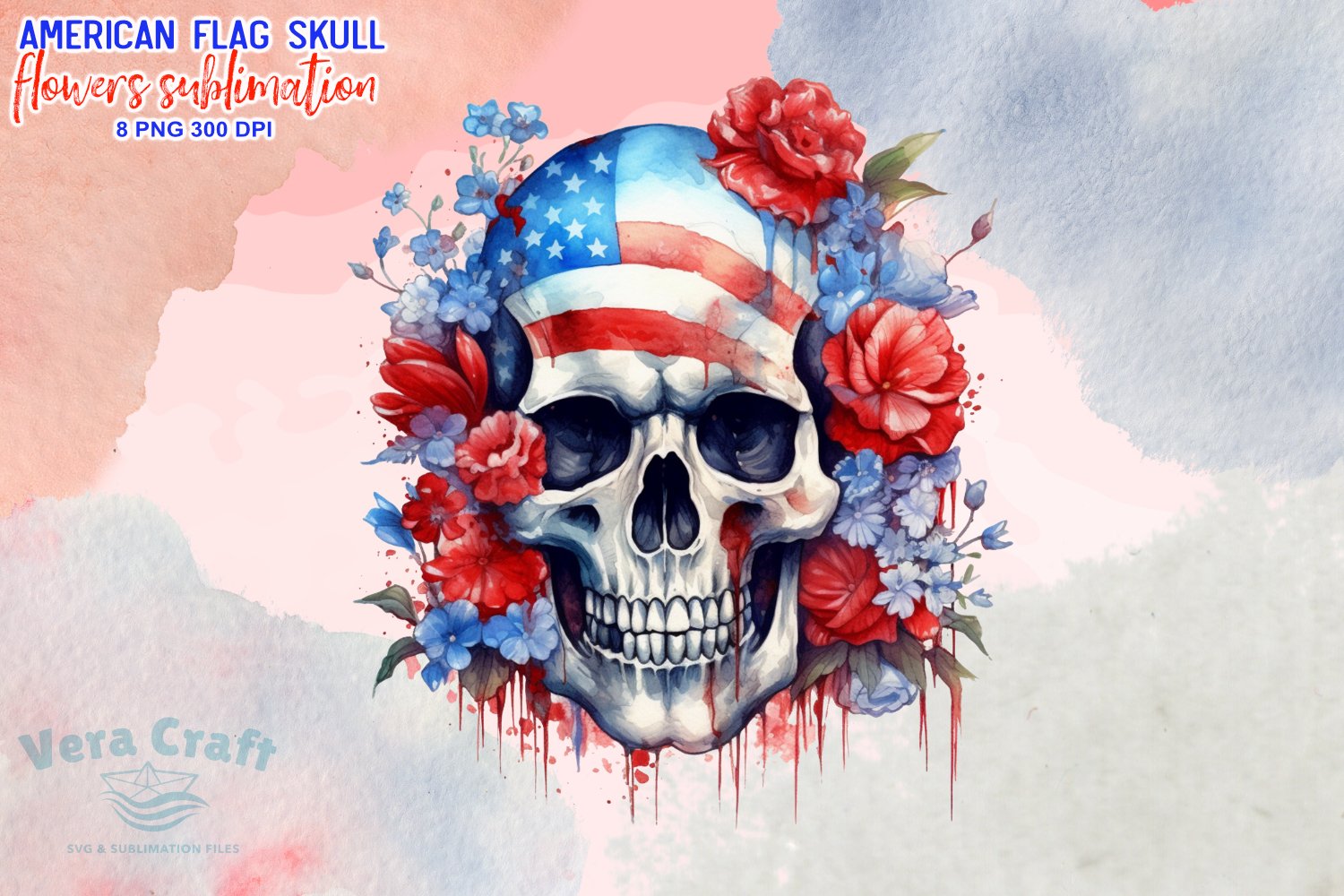 American Flag Skull Flower Sublimation Clipart - 8 Variation, image size:1500x1000