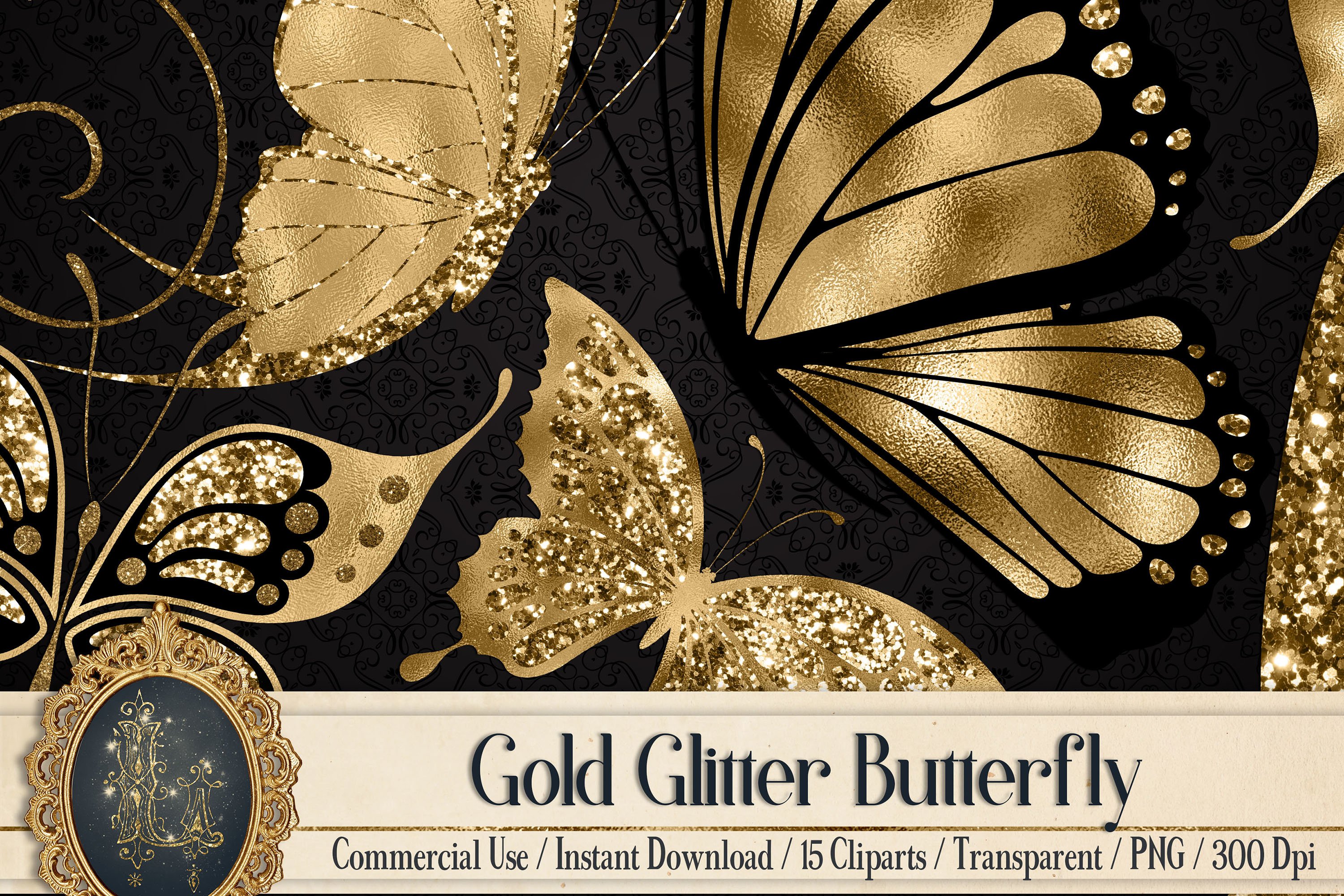 15 Gold Glitter Foil Butterfly Clip Arts (95793) Illustrations