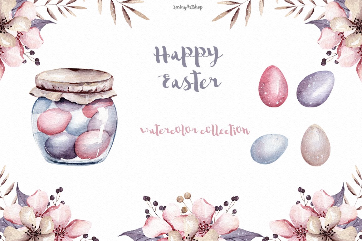 Happy Easter watercolor clipart Pastel flower illustration