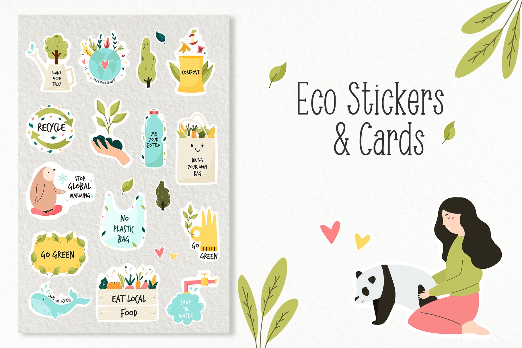 Eco friendly set of cute vector stickers, cards and patter (777264) Illustrations Design
