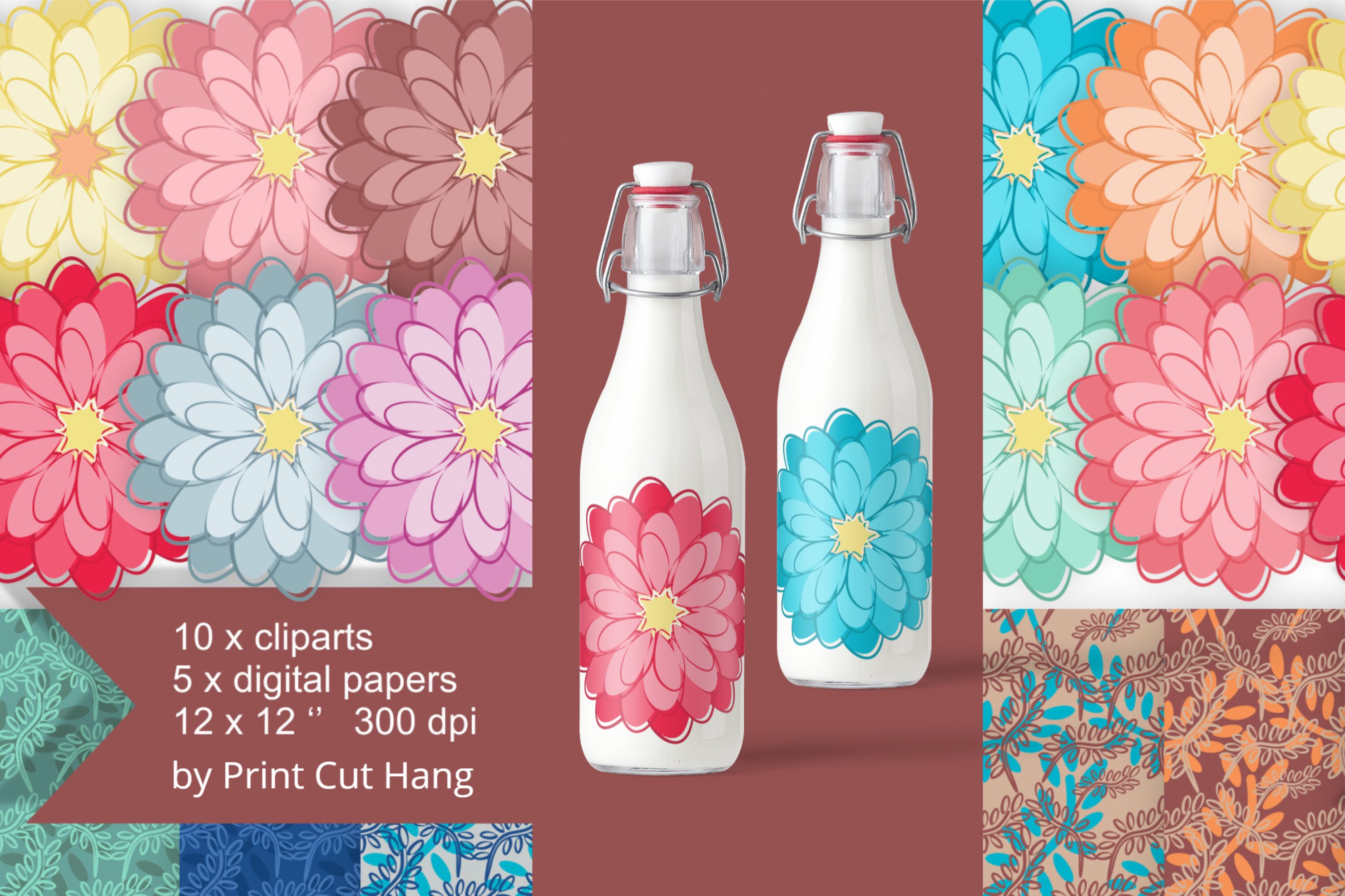 Dahlia Flowers Clip Art And Papers Set Of 15 Png Files 2974 Decorations Design Bundles