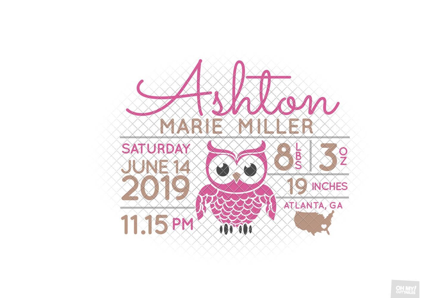 Owl Birth Stats SVG Announcement Template in SVG, (409720), image size:1500x1000