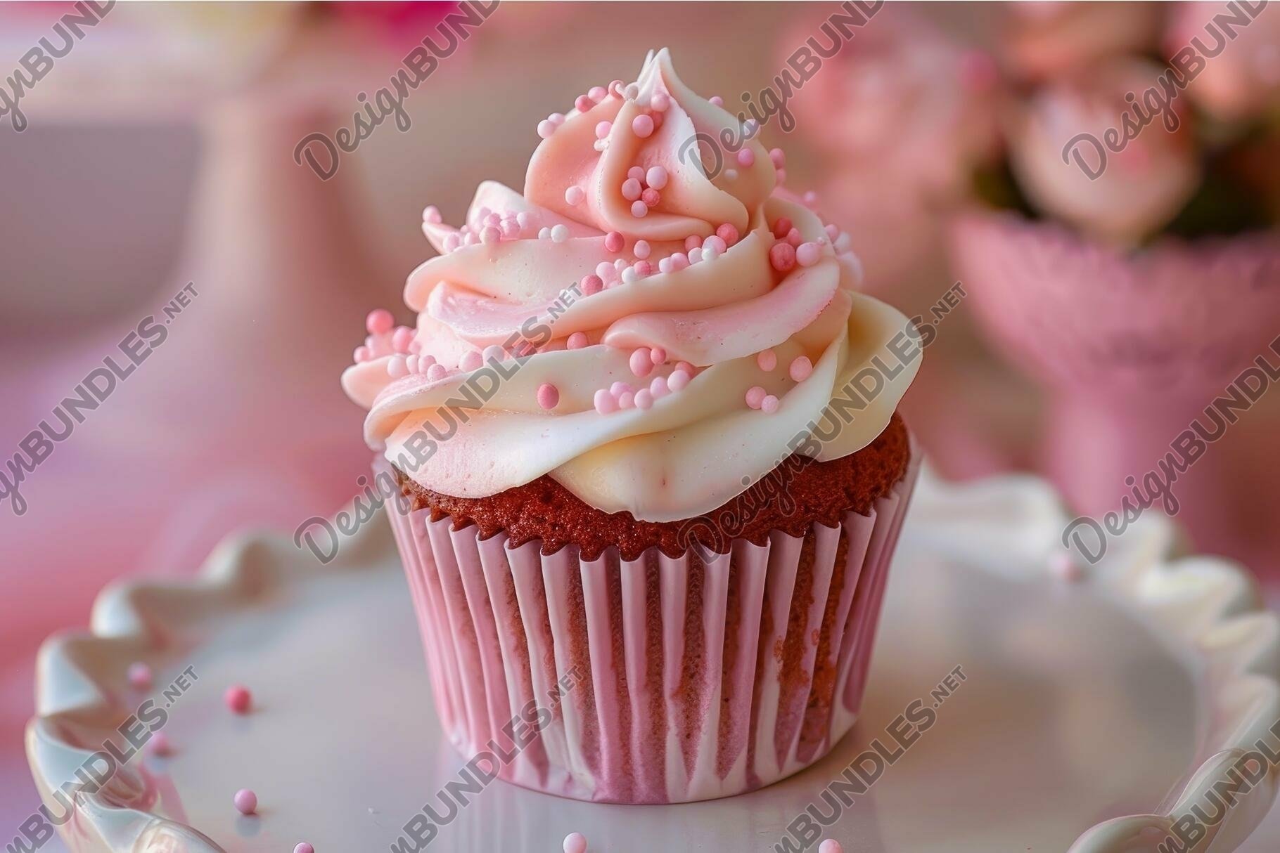 Delicate pink cupcake on elegant plate