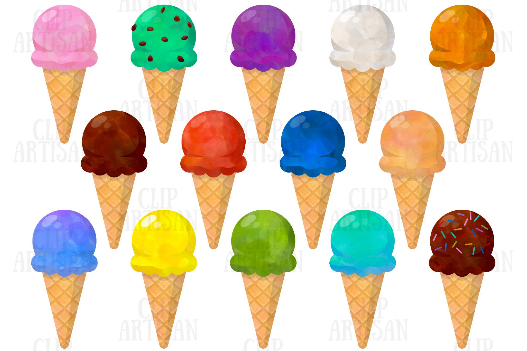 Watercolor Ice Cream Cones Clip Art 385388 Illustrations Design 