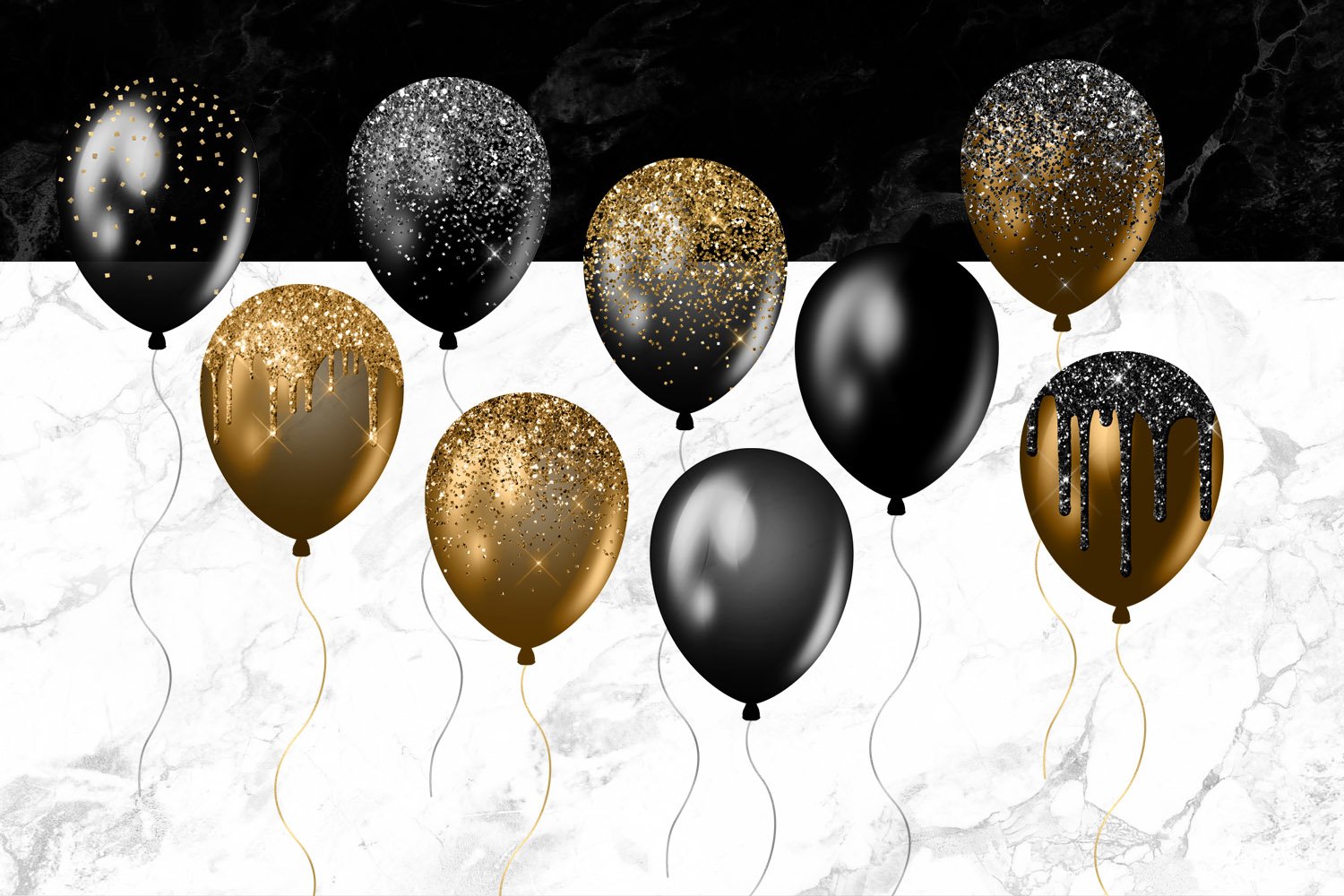 Black and Gold Balloons Clipart (429735) | Illustrations | Design Bundles