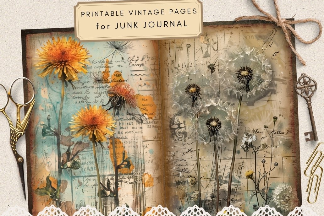 Digital Dandelion Journaling Pages, Vintage Junk Journal