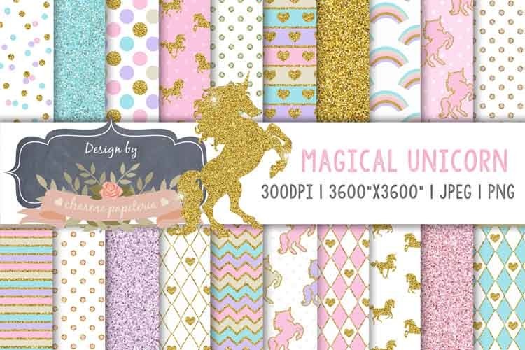 Unicorn Glitter Digital Paper Rainbow Gold Glitter Heart Backgrounds Design Bundles