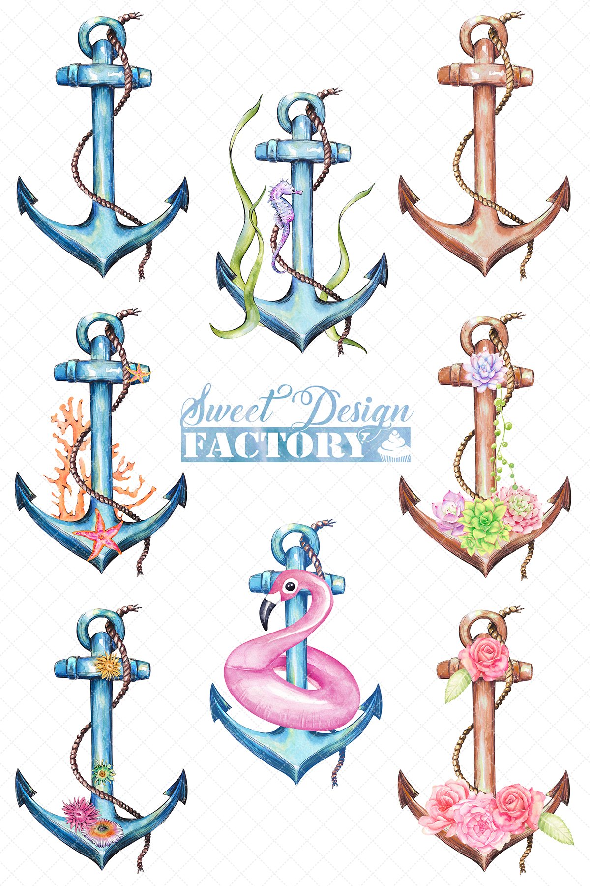 watercolor anchors and flowers clipart (94850) | Illustrations | Design