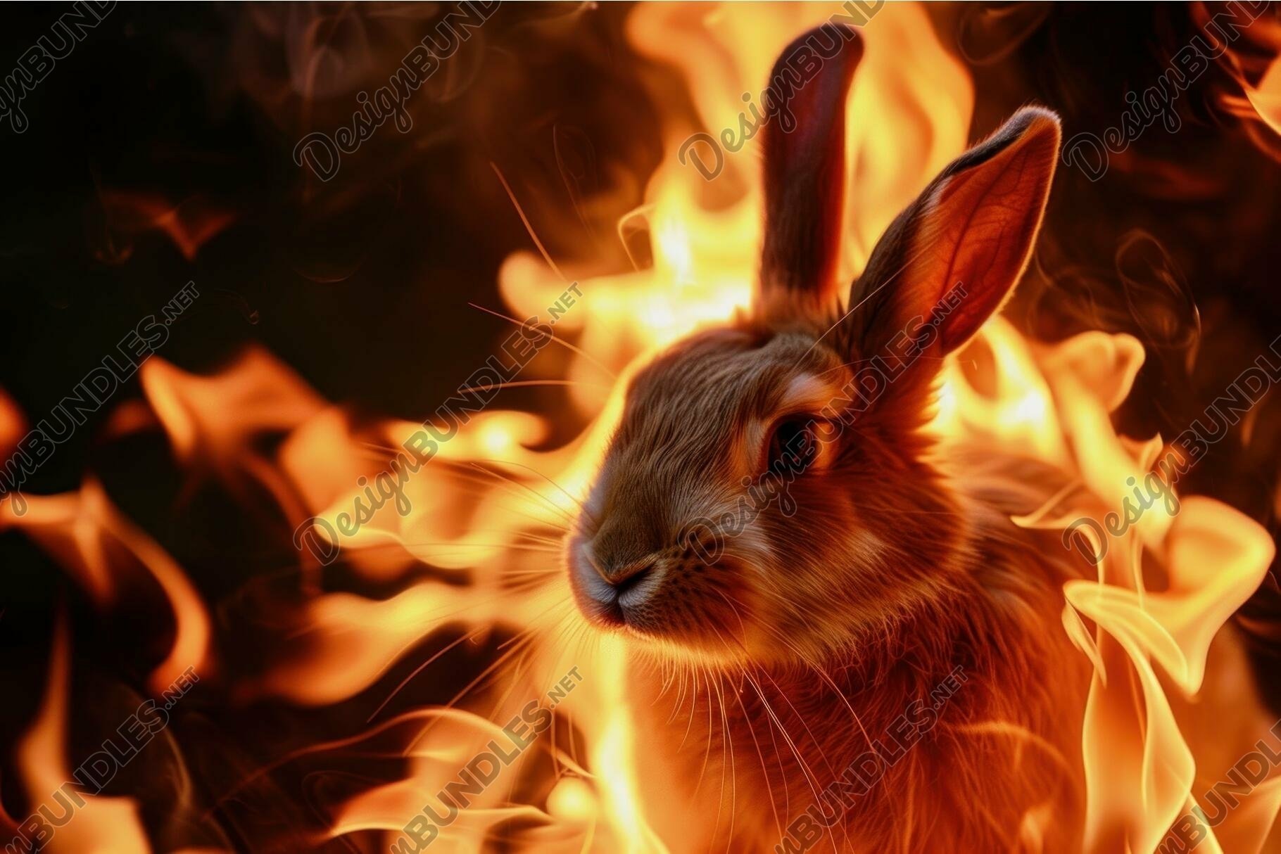 Fiery rabbit in mystical flames