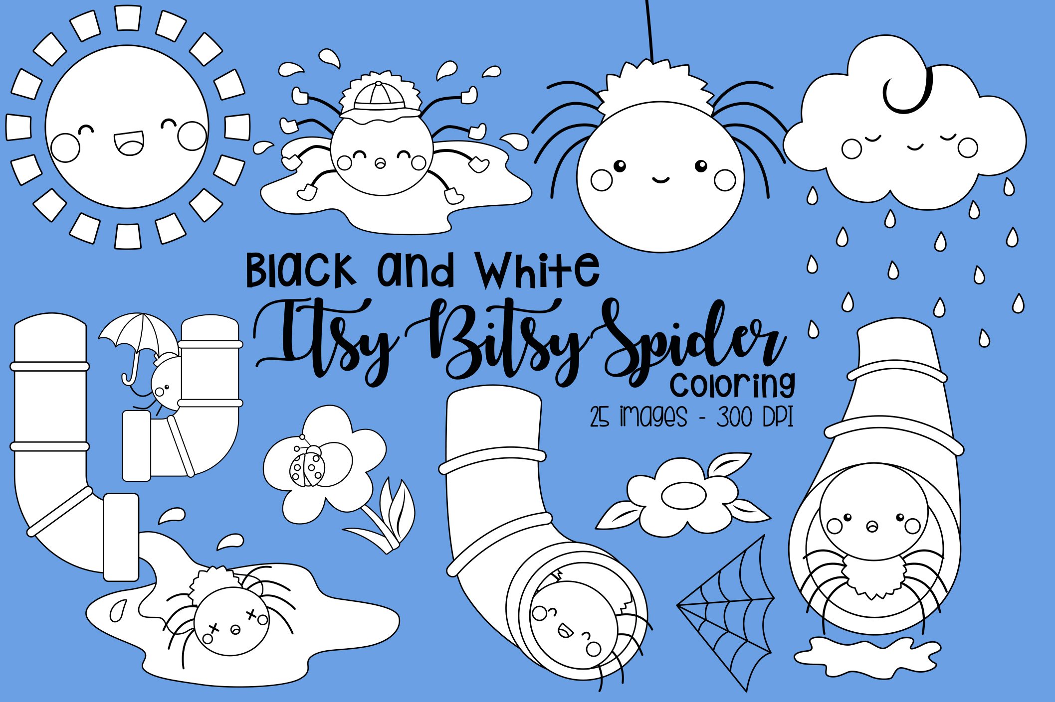 Black and White Coloring Itsy Bitsy Spider, image size:2115x1409