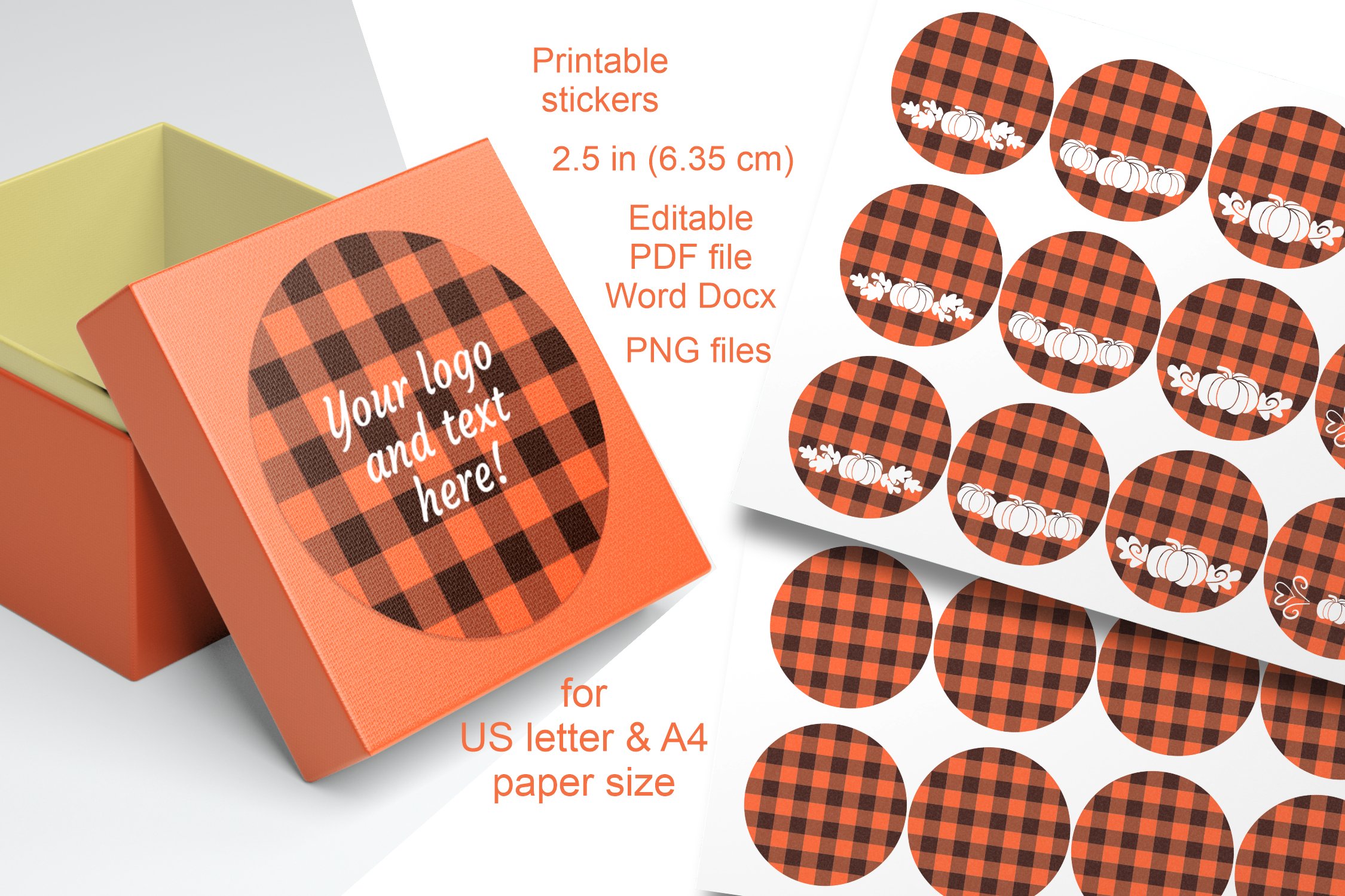 Printable Fall Orange Checks Labels 2.5 in A4 and US Letter