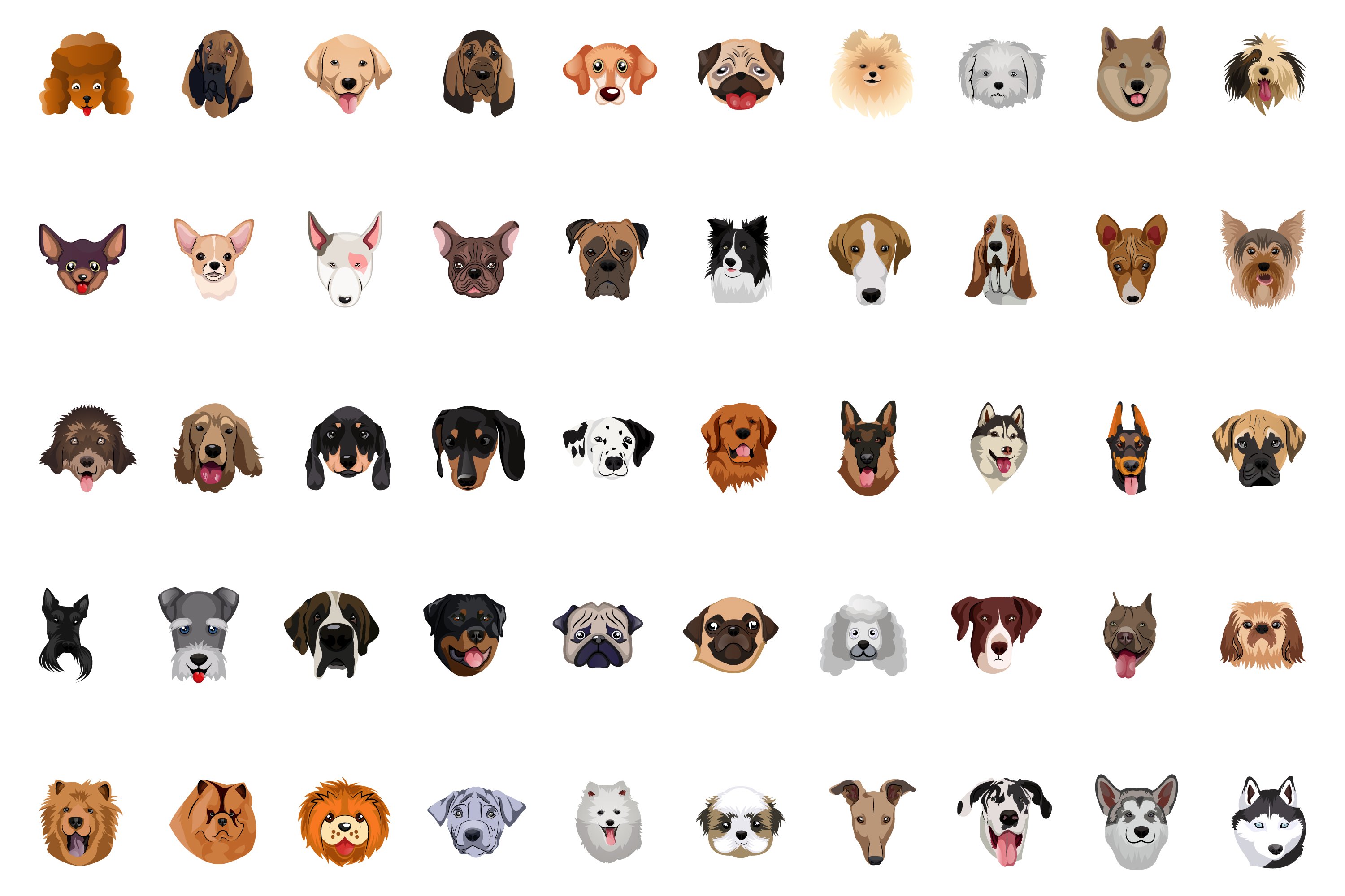 50 X Realistic Different Dog Breed Faces Illustration (382754) Illustrations Design Bundles