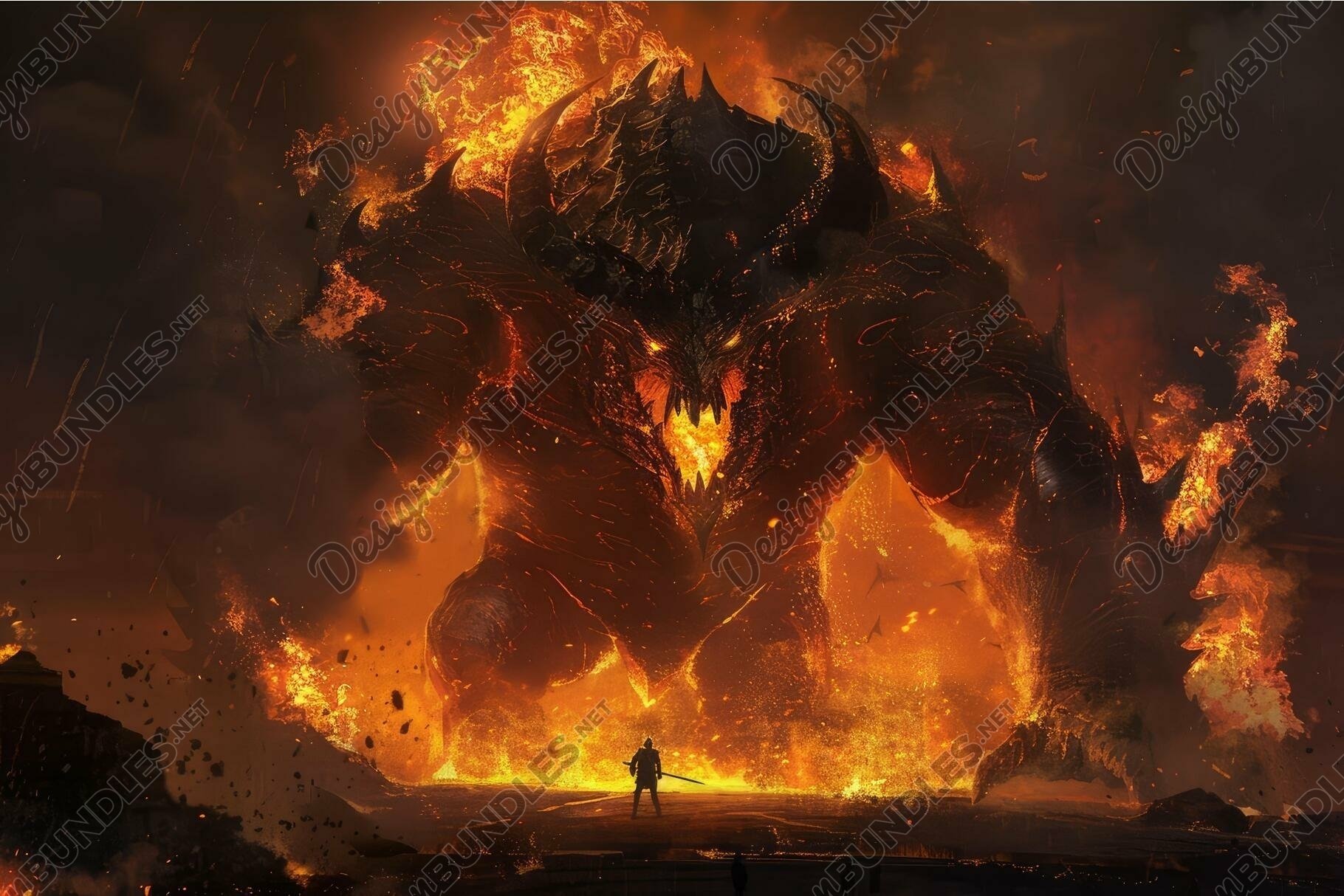 Epic battle of fire monster and hero