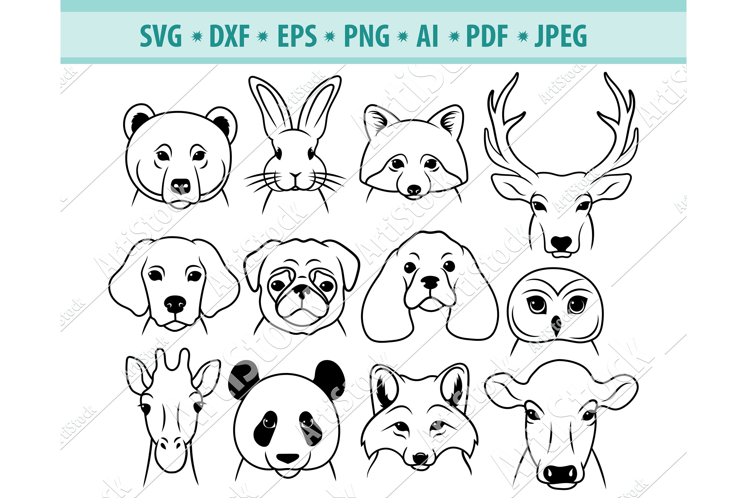 Animals face Svg, Heads Animals Png, Pets clipart, Eps ,Dxf (554353