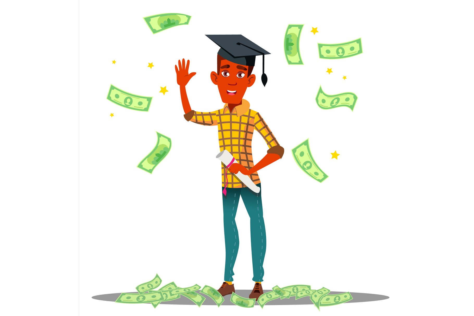 Falling Money On Smiling Student In Graduate Cap With 6934 Illustrations Design Bundles
