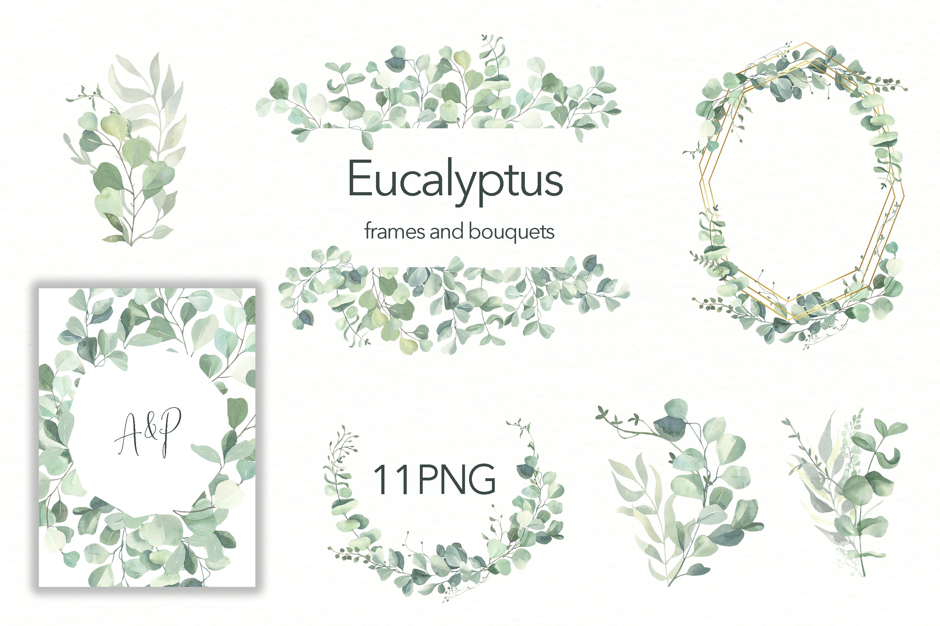 Clip Art Watercolor Eucalyptus Wreath Bundle & Greenery Clipart Clipart ...